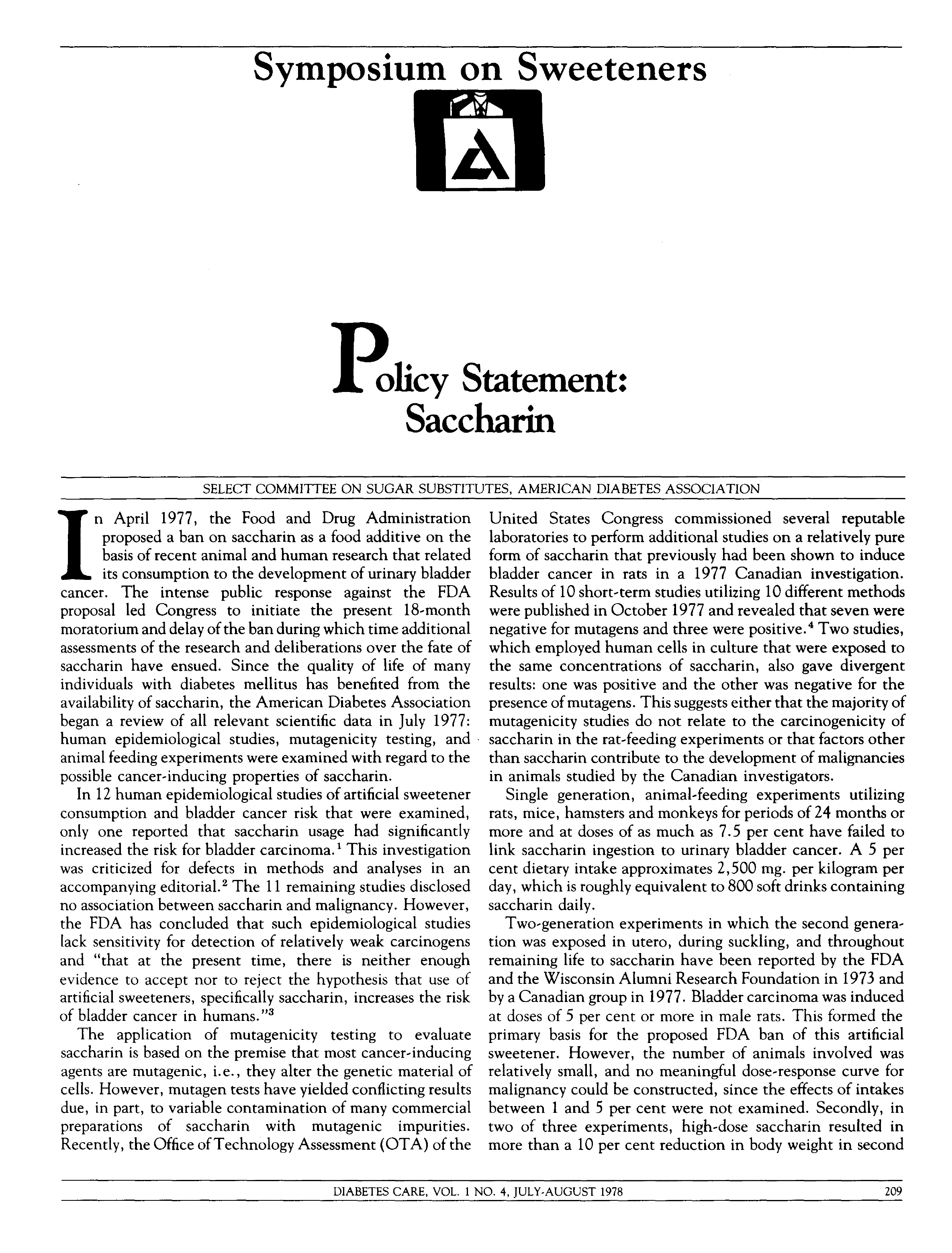 First page of Policy Statement: Saccharin