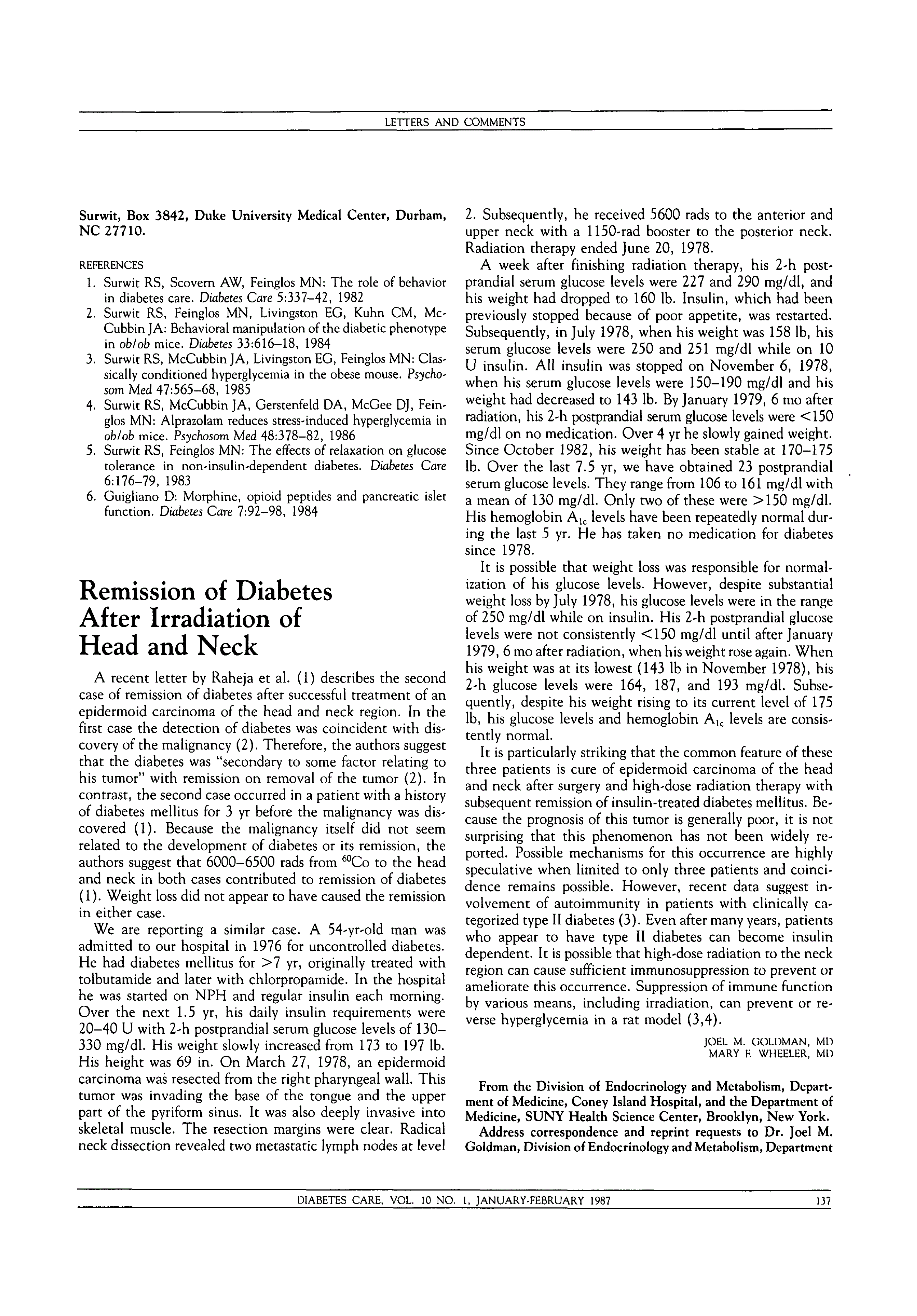 First page of Remission of Diabetes After Irradiation of Head and Neck