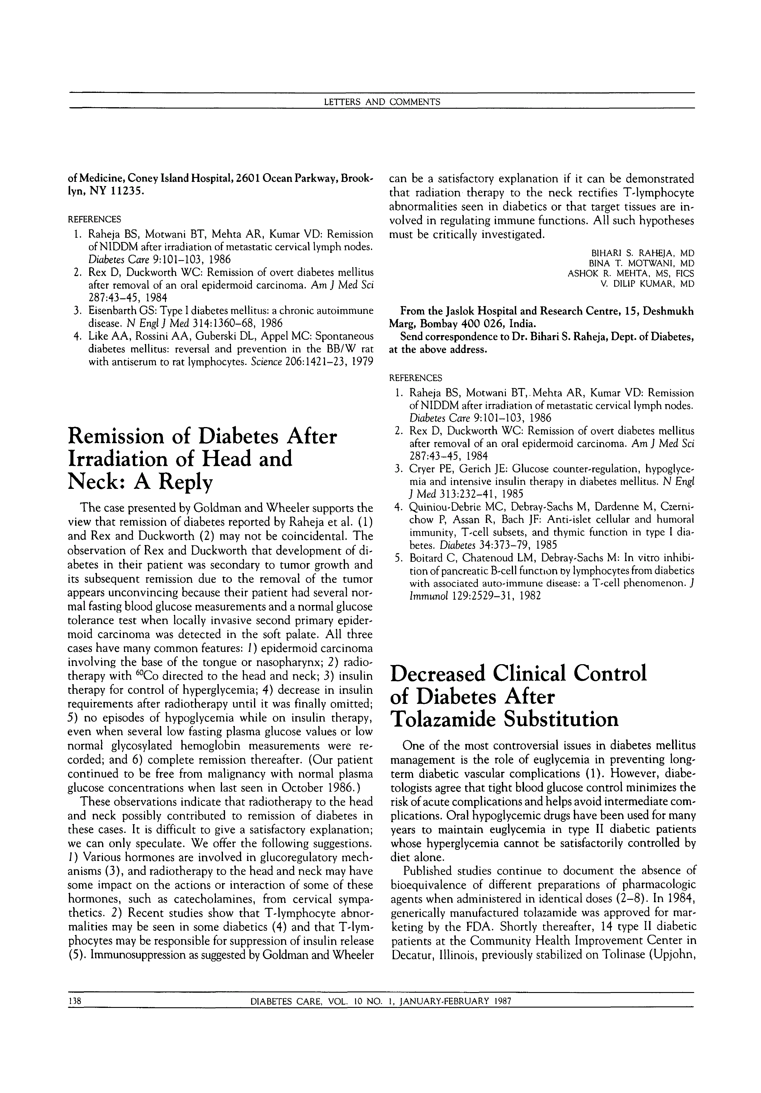 First page of Decreased Clinical Control of Diabetes After Tolazamide Substitution