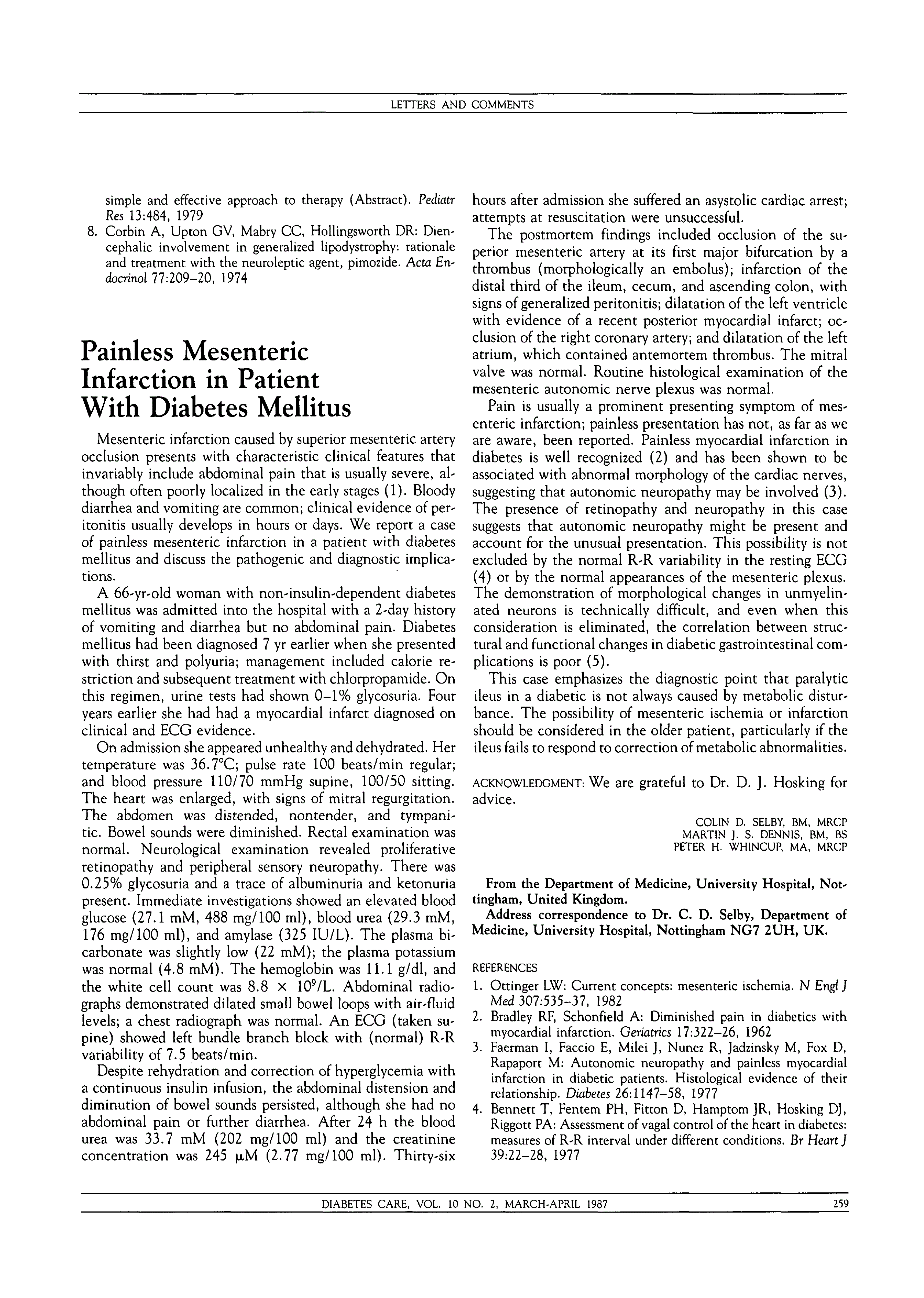 First page of Painless Mesenteric Infarction in Patient With Diabetes Mellitus