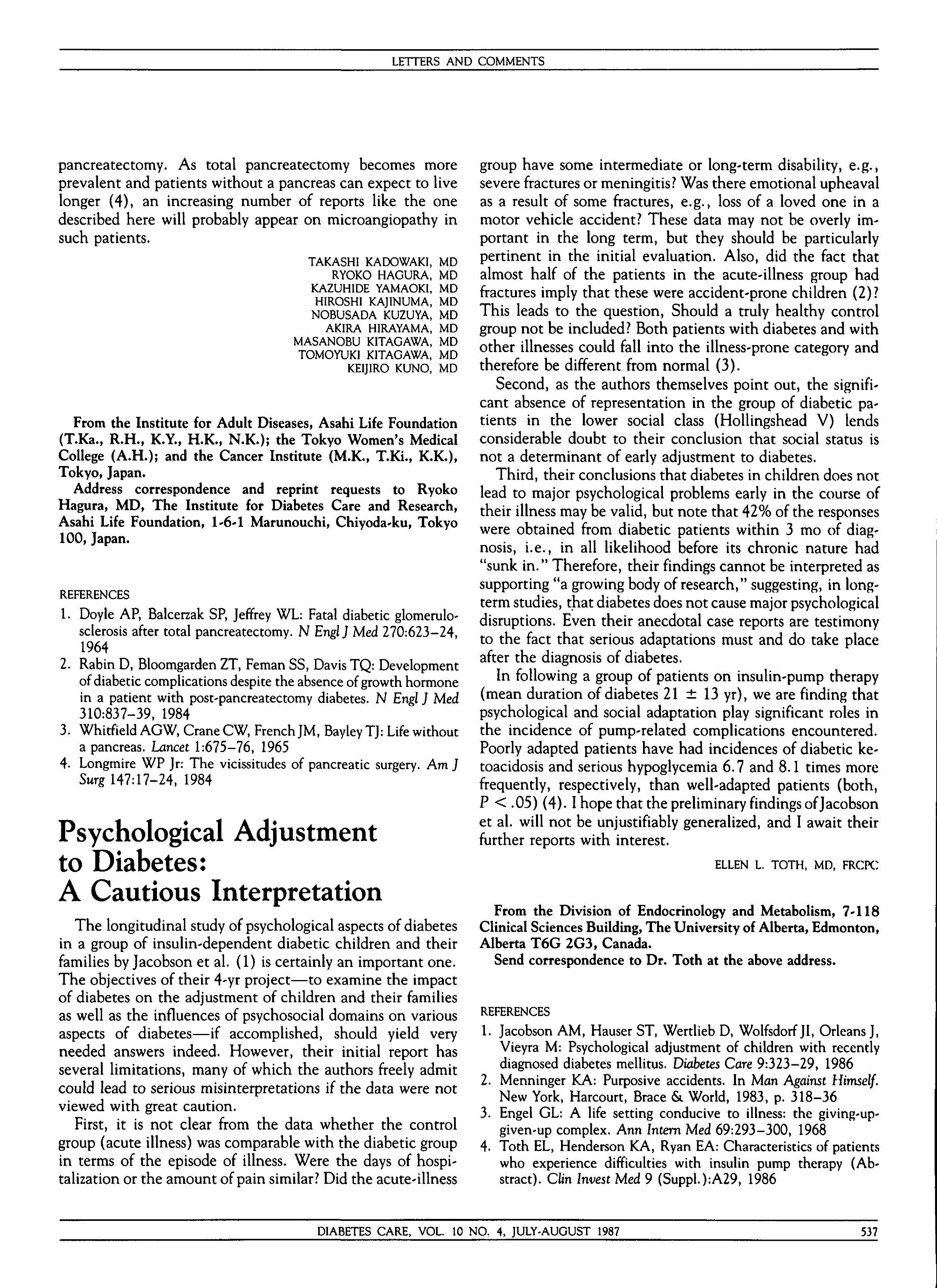 First page of Psychological Adjustment to Diabetes: A Cautious Interpretation