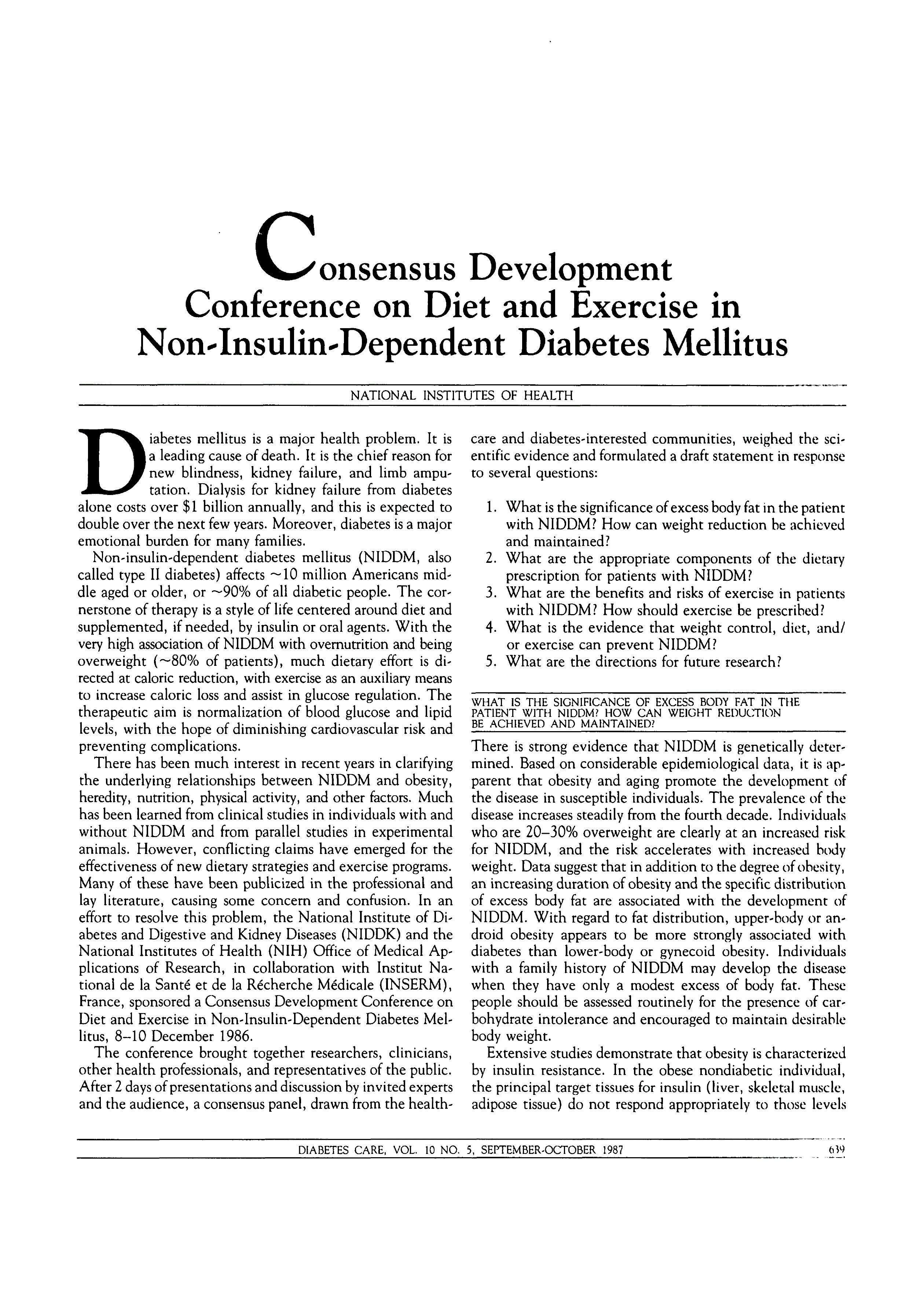 First page of Consensus Development Conference on Diet and Exercise in Non-Insulin-Dependent Diabetes Mellitus