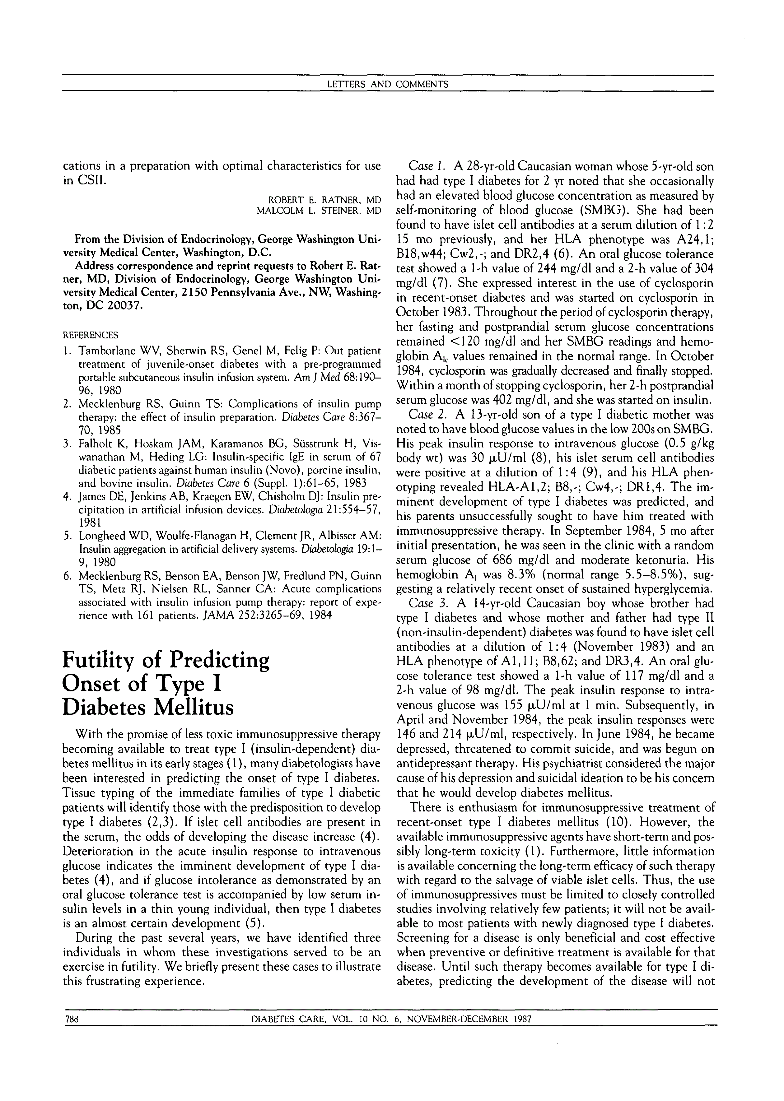 First page of Futility of Predicting Onset of Type I Diabetes Mellitus