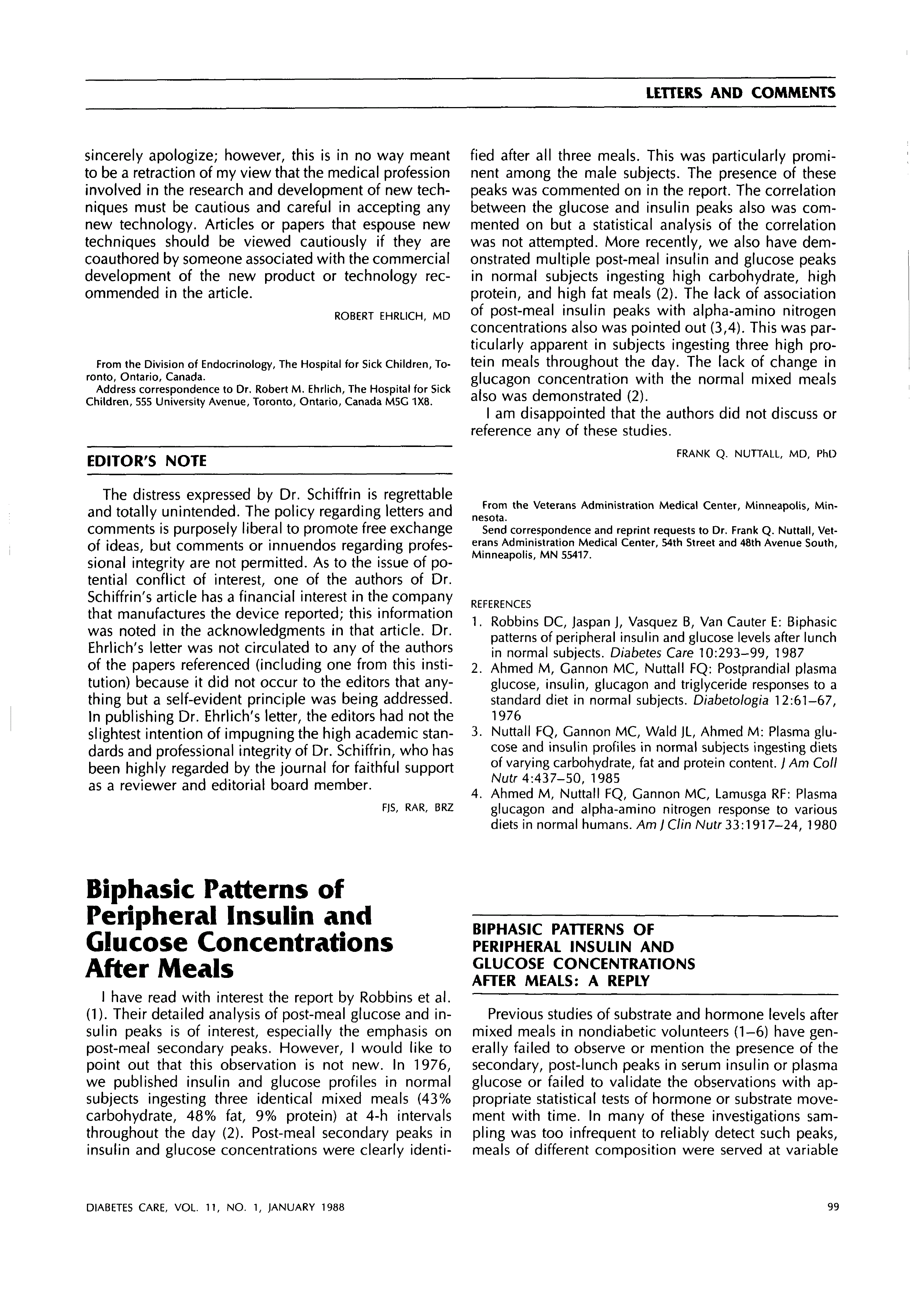 First page of Biphasic Patterns of Peripheral Insulin and Glucose Concentrations After Meals: A Reply