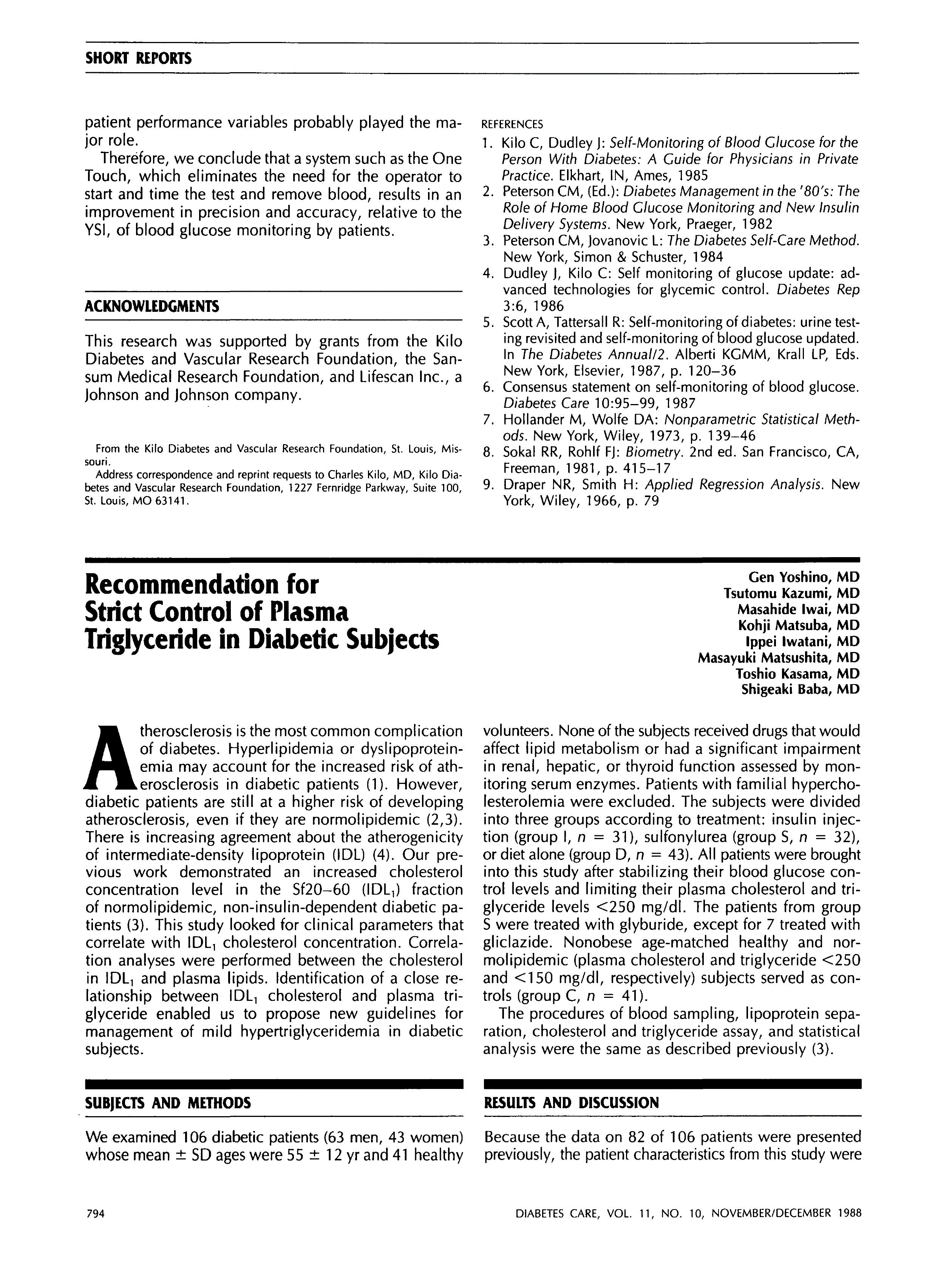 First page of Recommendation for Strict Control of Plasma Triglyceride in Diabetic Subjects