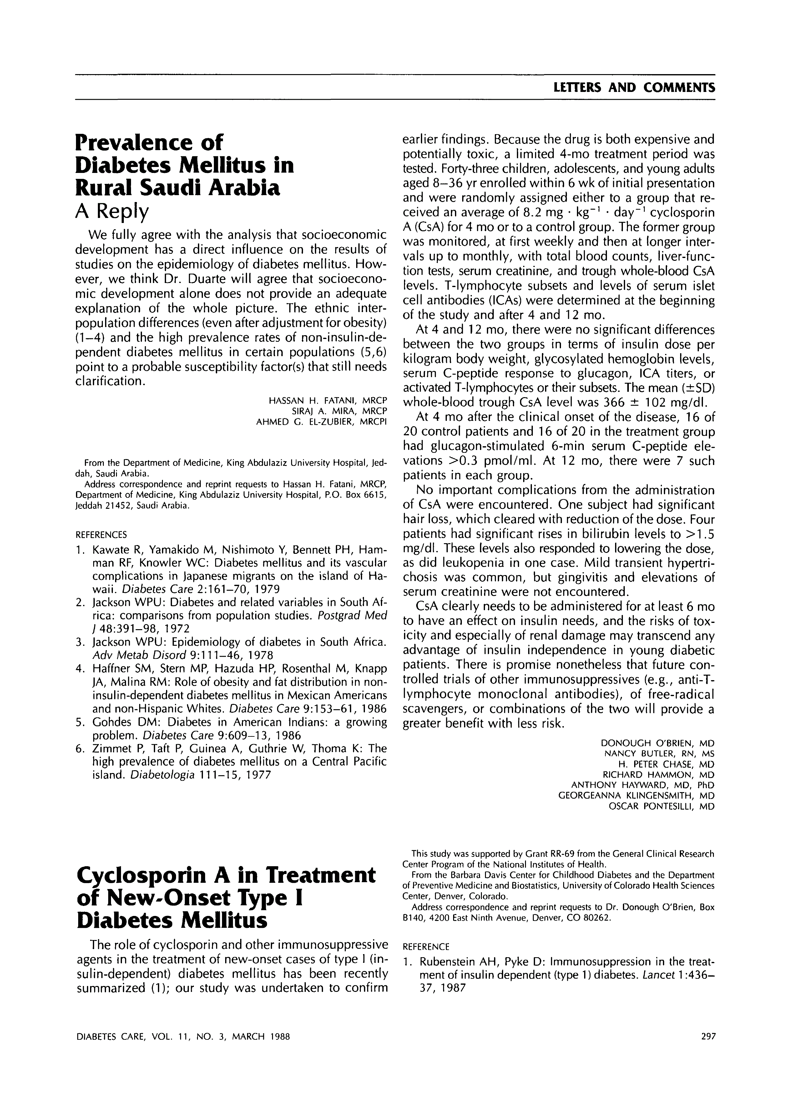 First page of Prevalence of Diabetes Mellitus in Rural Saudi Arabia: A Reply