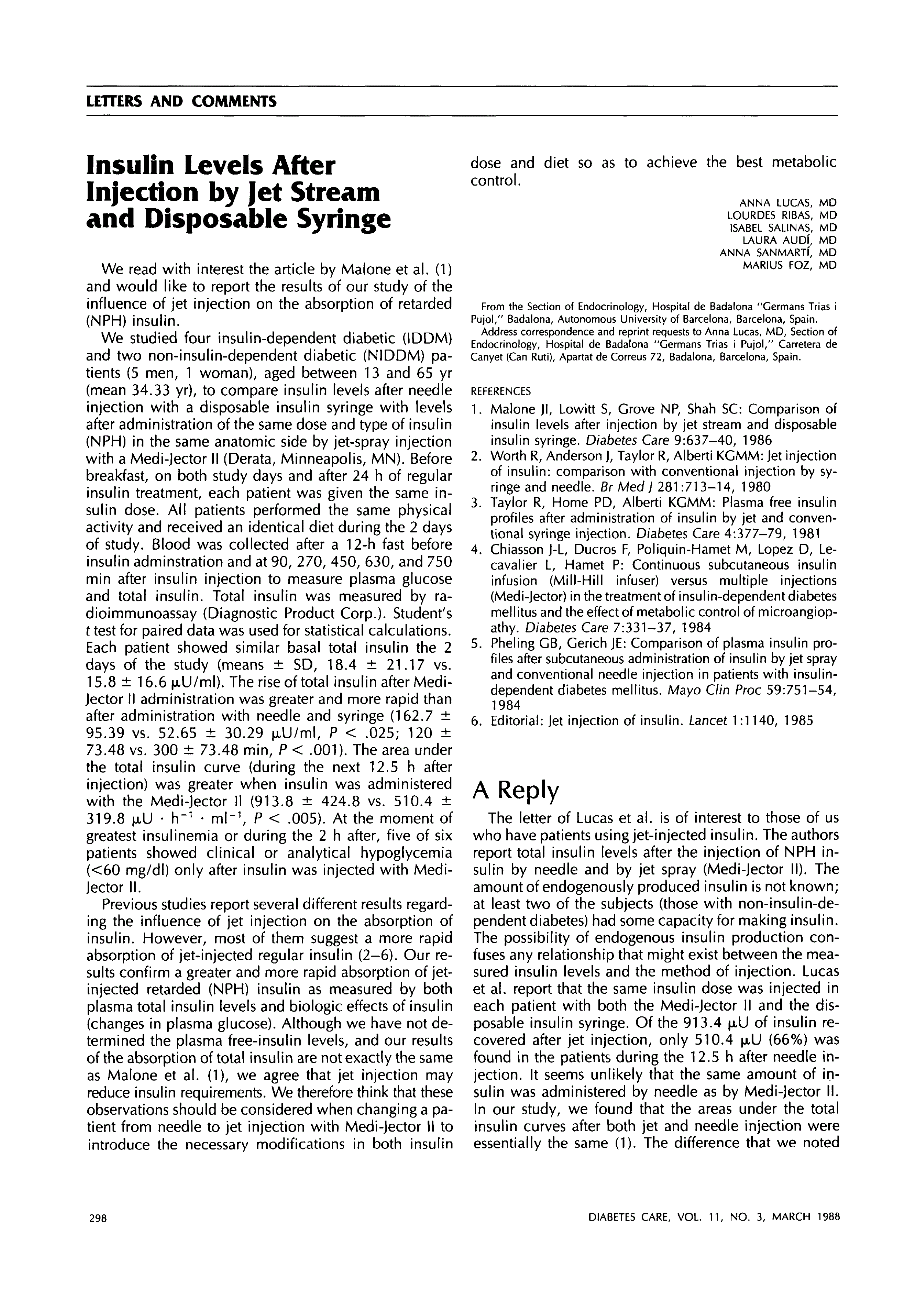 First page of Insulin Levels After Injection by Jet Stream and Disposable Syringe