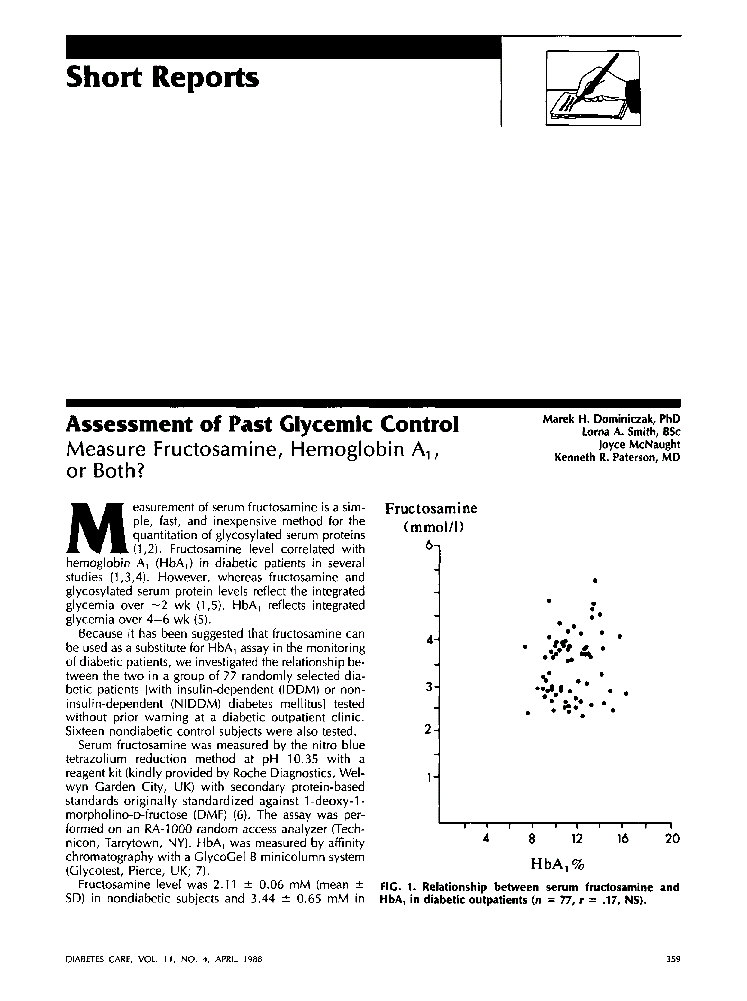 First page of Assessment of Past Glycemic Control: Measure Fructosamine, Hemoglobin A<sub>1</sub>, or Both?
