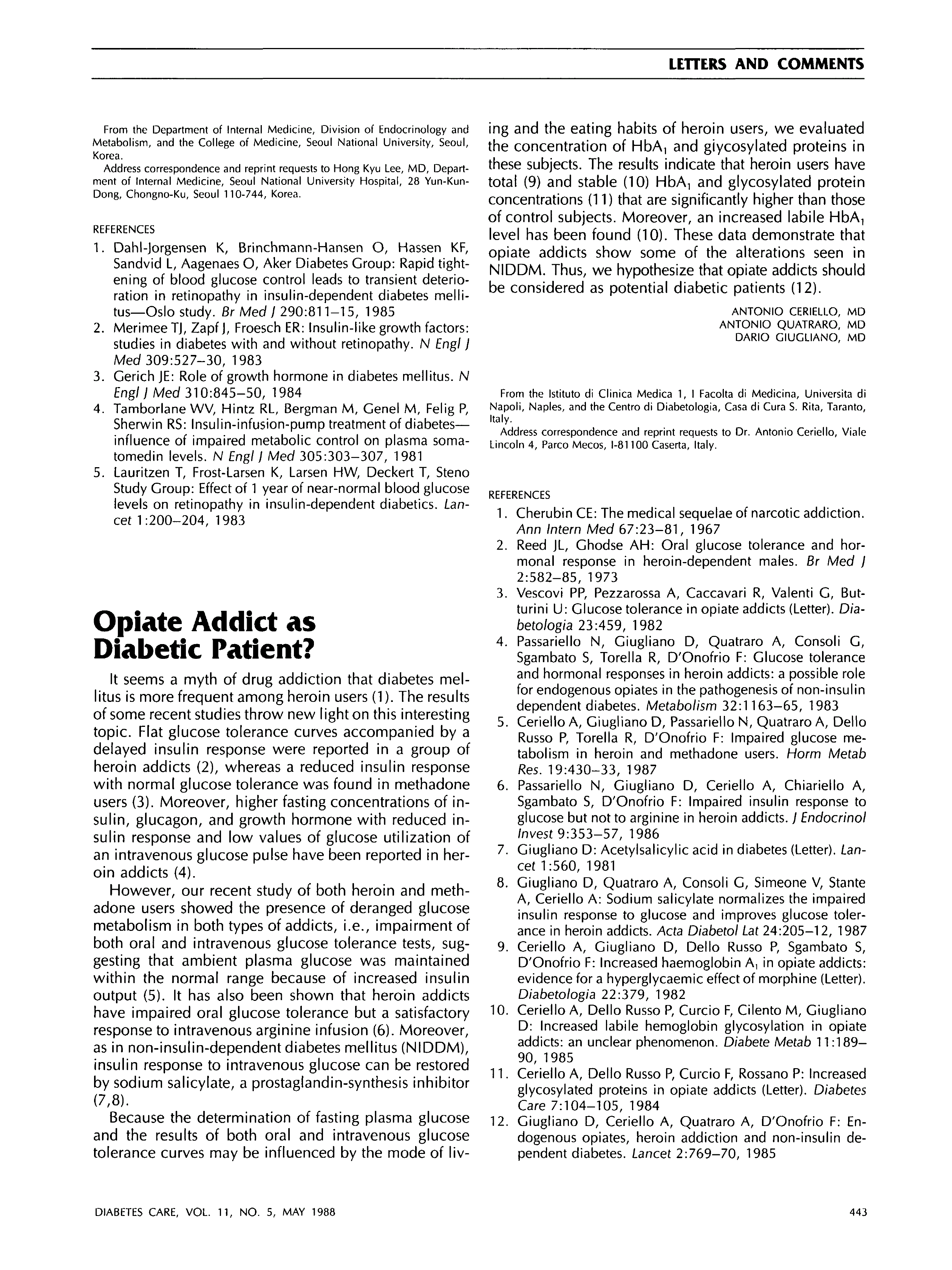 First page of Opiate Addict as Diabetic Patient?