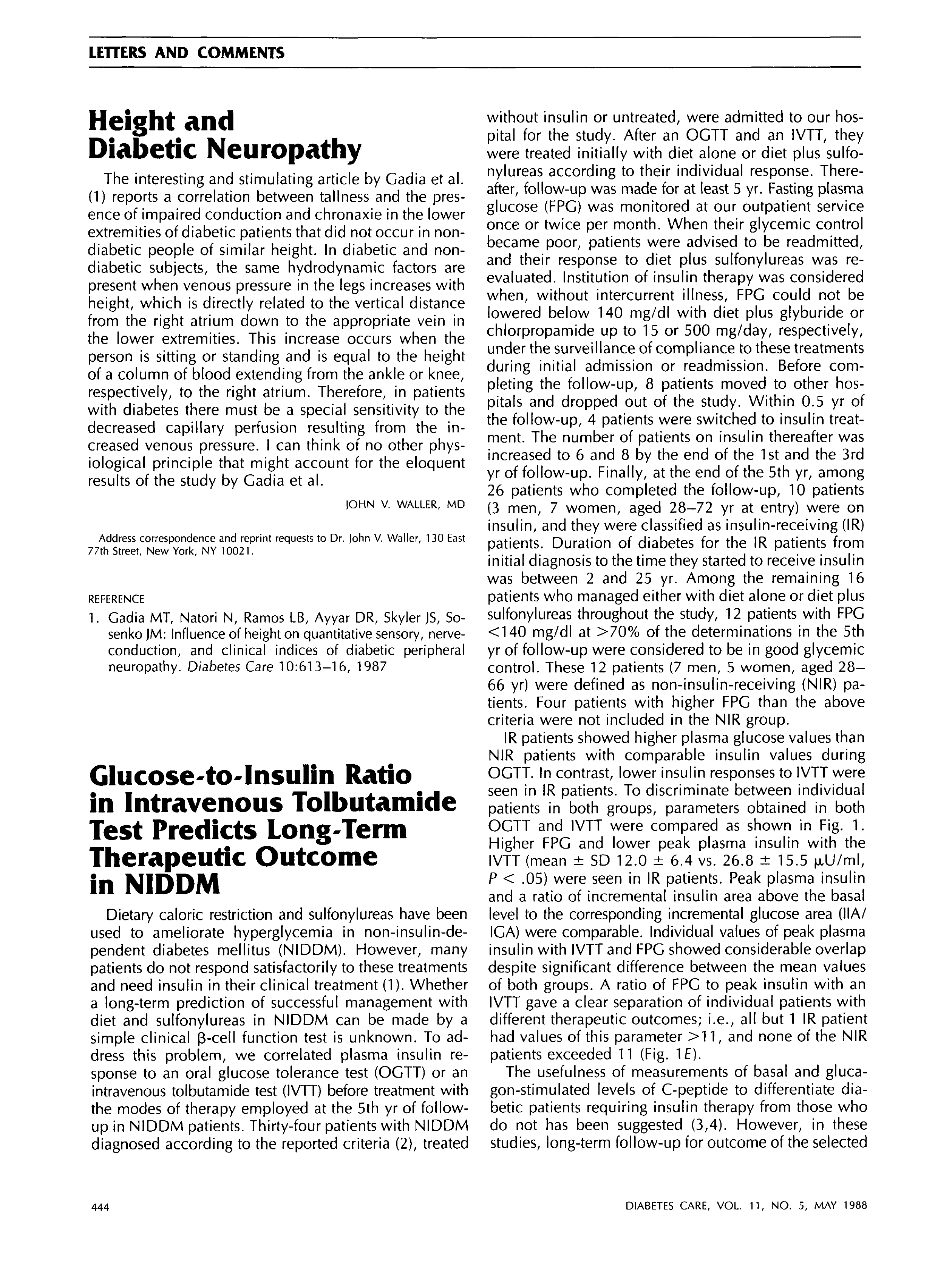 First page of Glucose-to-Insulin Ratio in Intravenous Tolbutamide Test Predicts Long-Term Therapeutic Outcome in NIDDM
