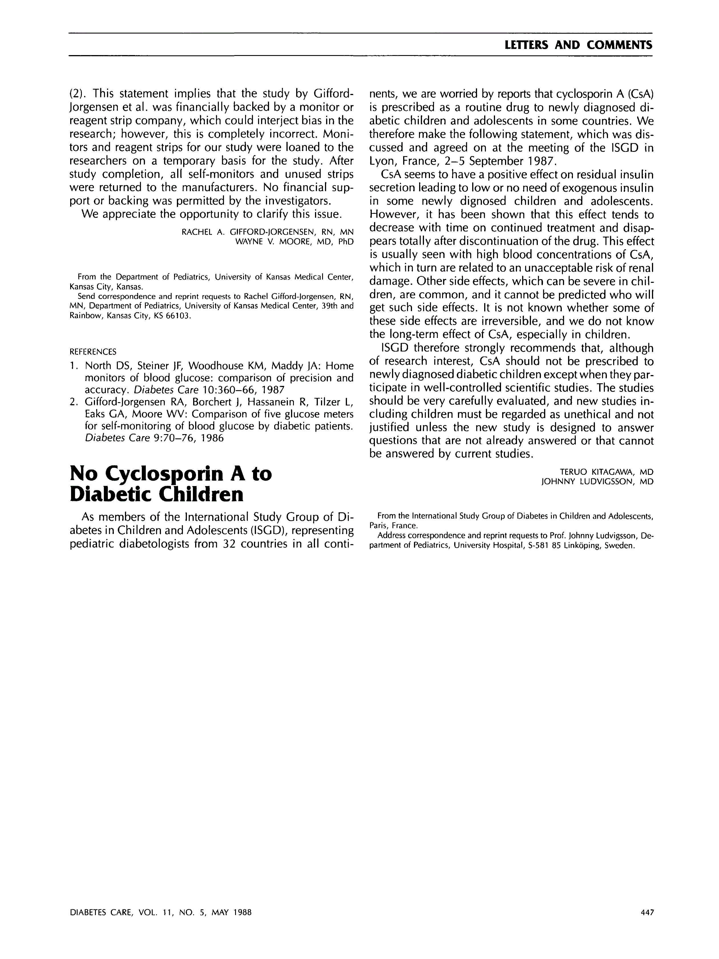 First page of No Cyclosporin A to Diabetic Children