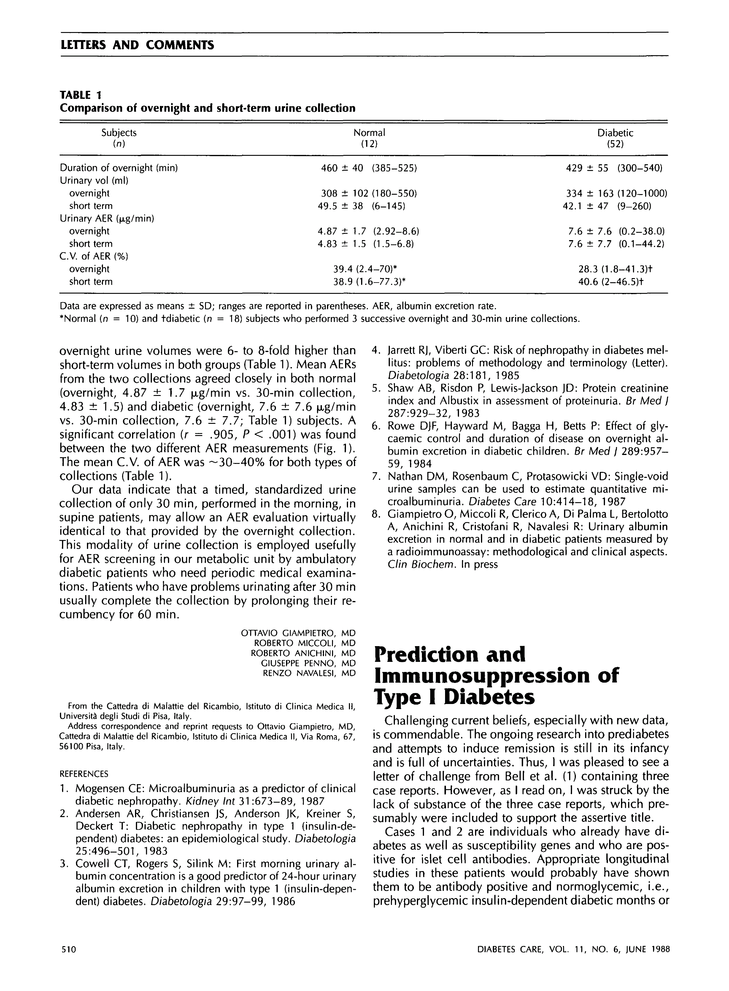 First page of Prediction and Immunosuppression of Type I Diabetes