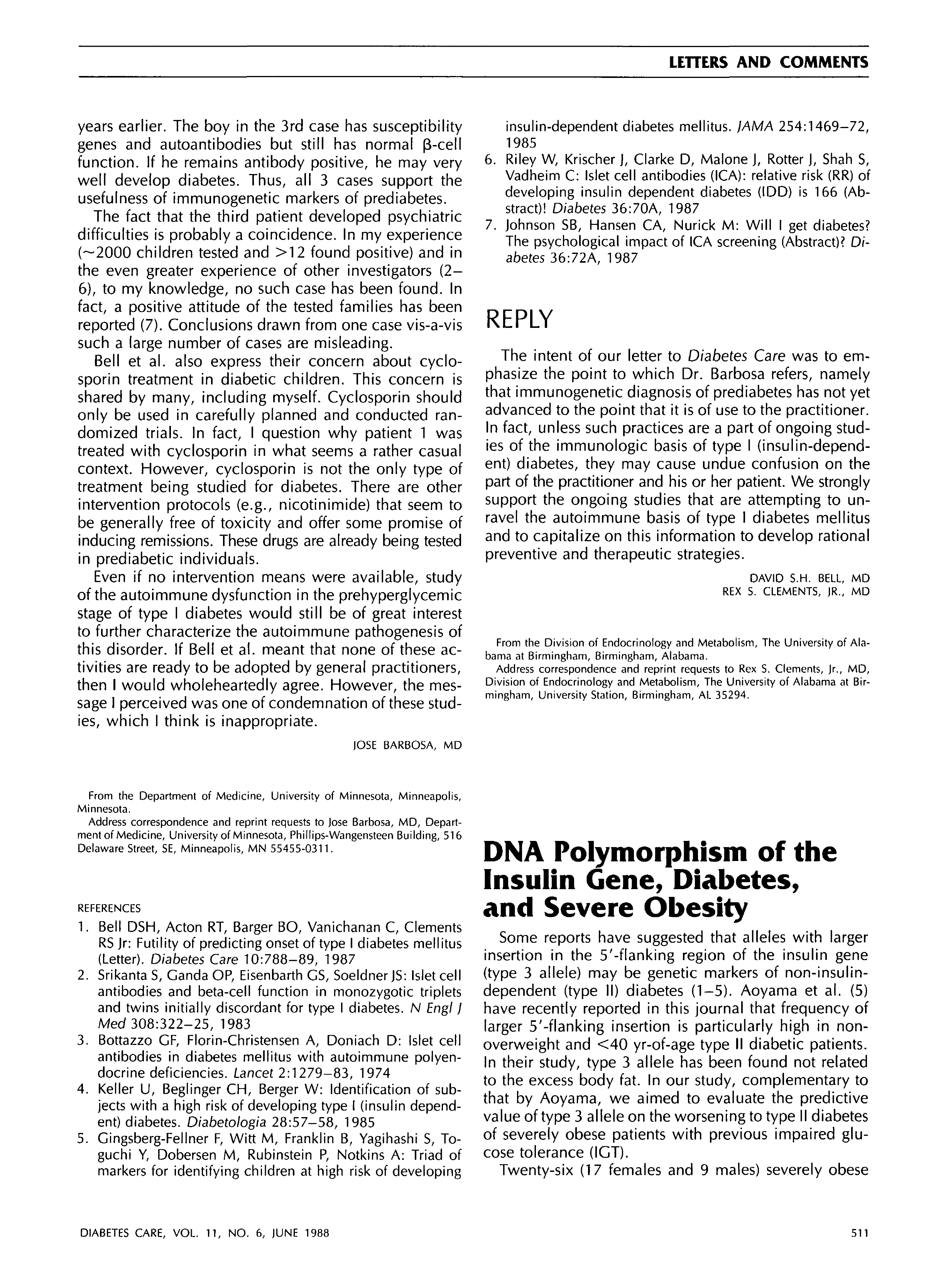 First page of DNA Polymorphism of the Insulin Gene, Diabetes, and Severe Obesity
