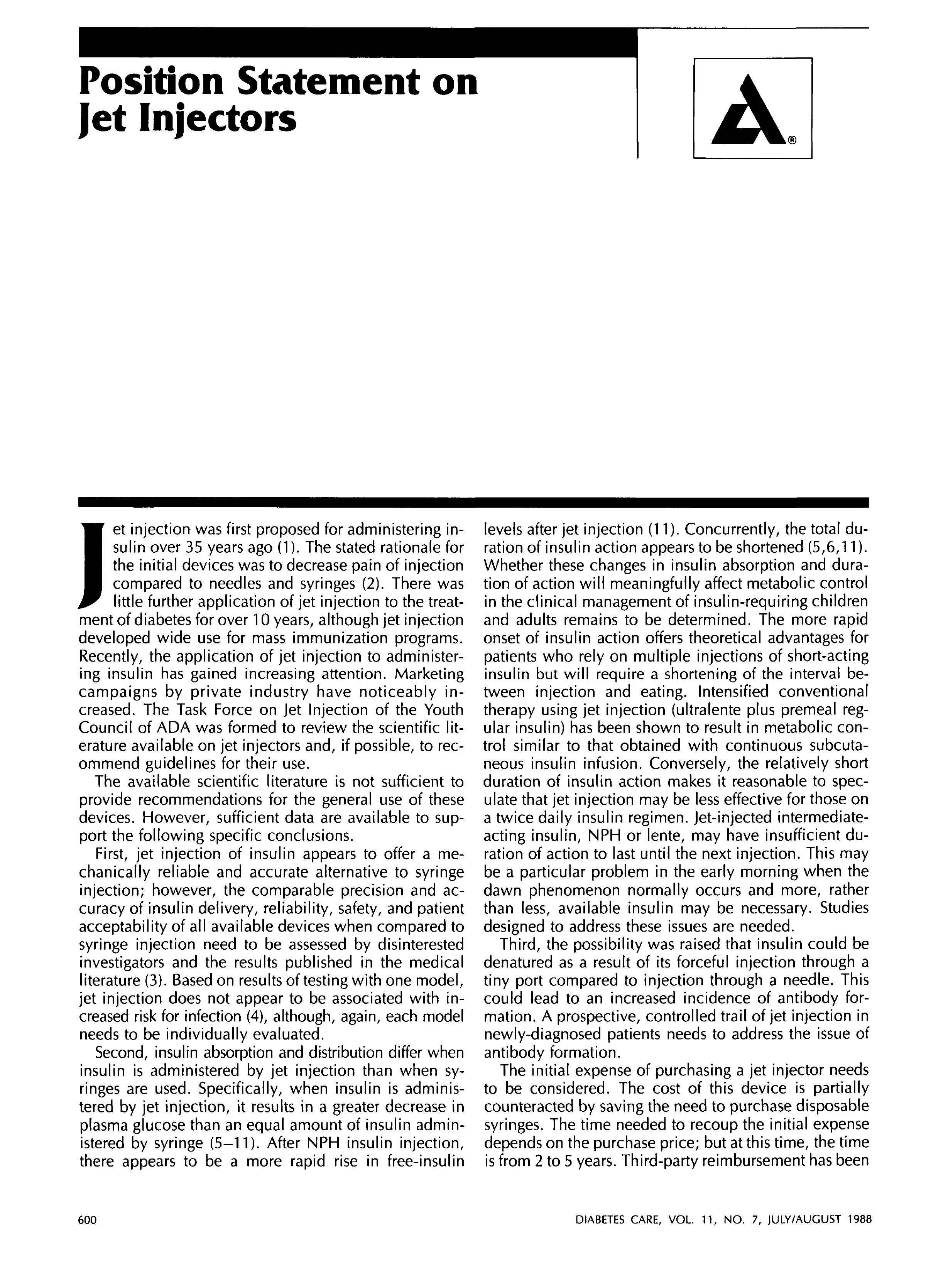 Position Statement on Jet Injectors Diabetes Care American Diabetes