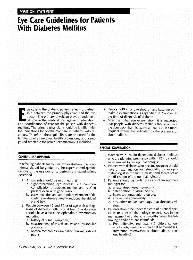 First page of Eye Care Guidelines for Patients With Diabetes Mellitus