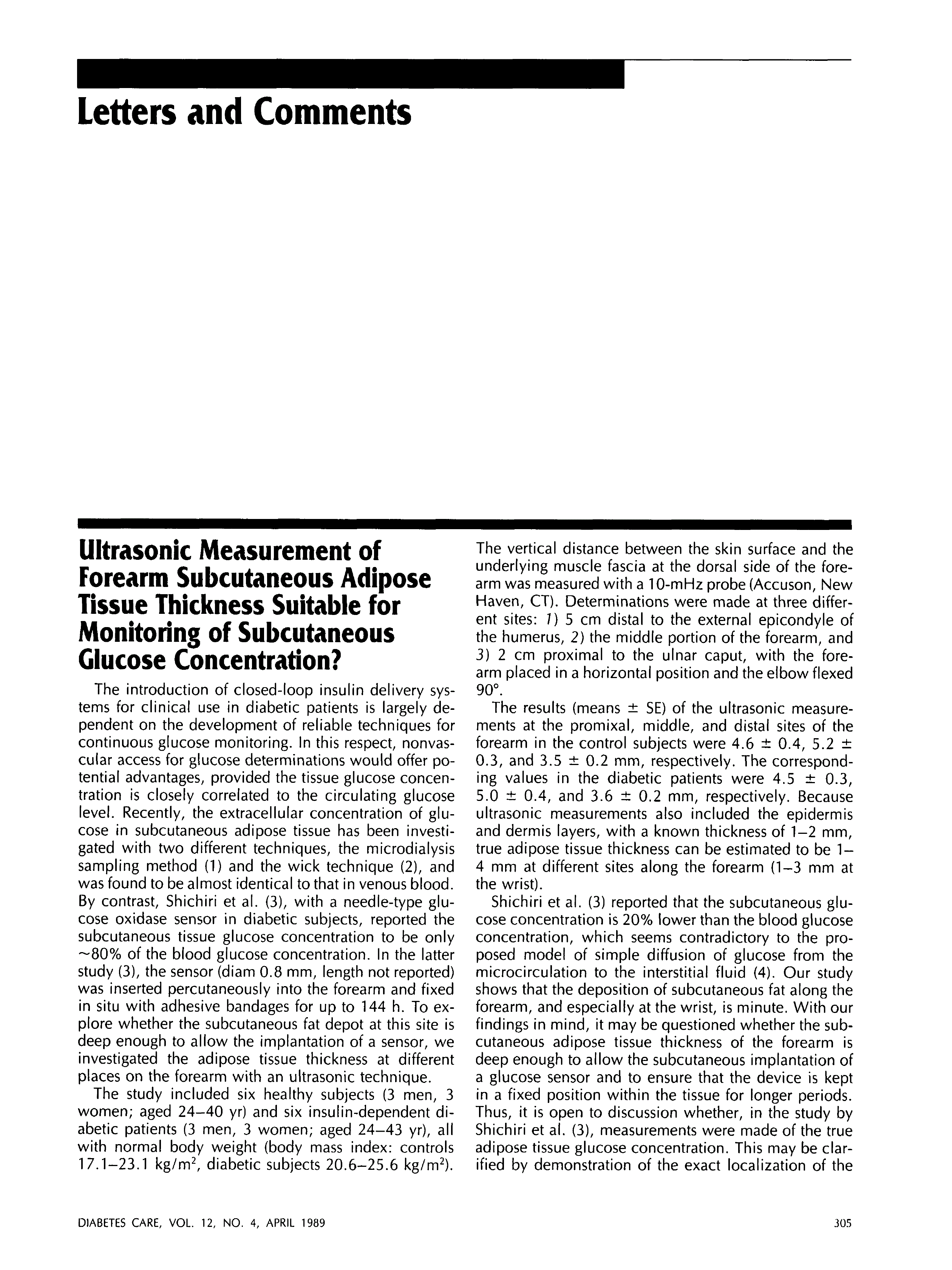 First page of Ultrasonic Measurement of Forearm Subcutaneous Adipose Tissue Thickness Suitable for Monitoring of Subcutaneous Glucose Concentration?
