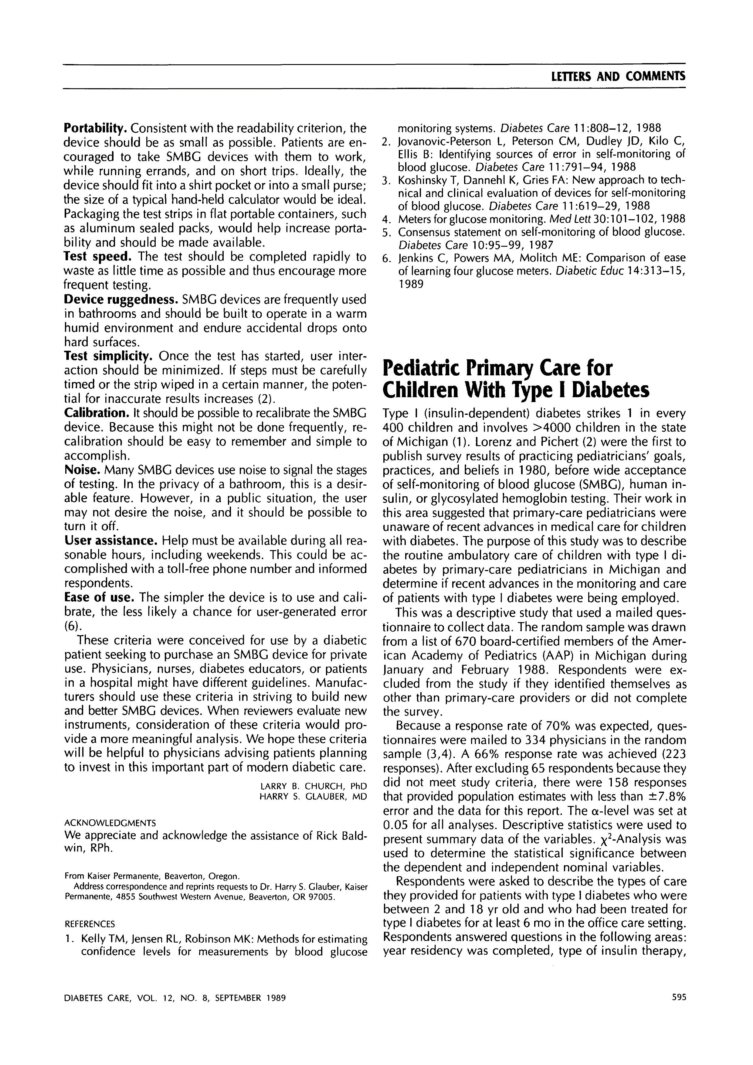 First page of Pediatric Primary Care for Children With Type I Diabetes