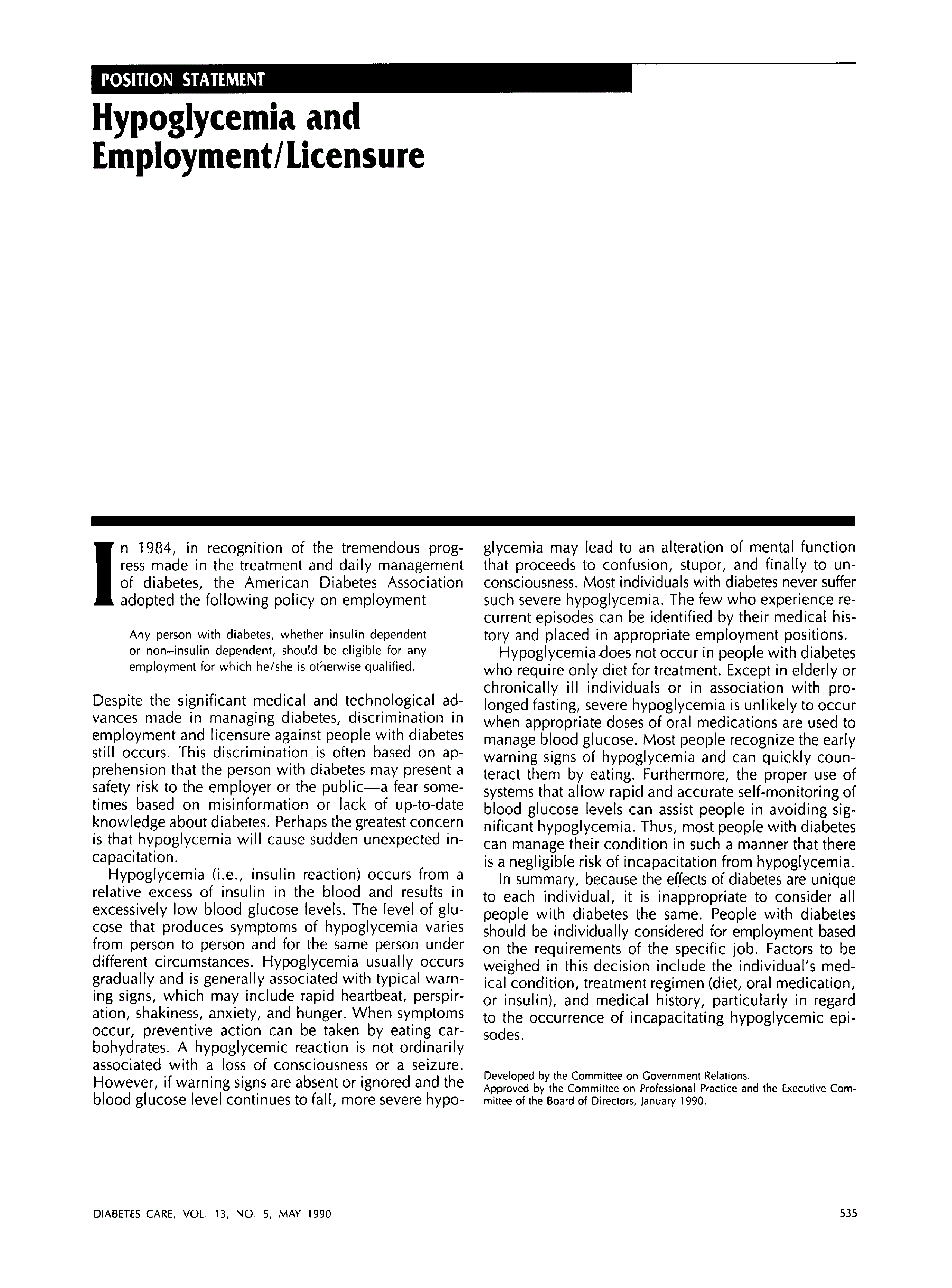 First page of Hypoglycemia and Employment/Licensure