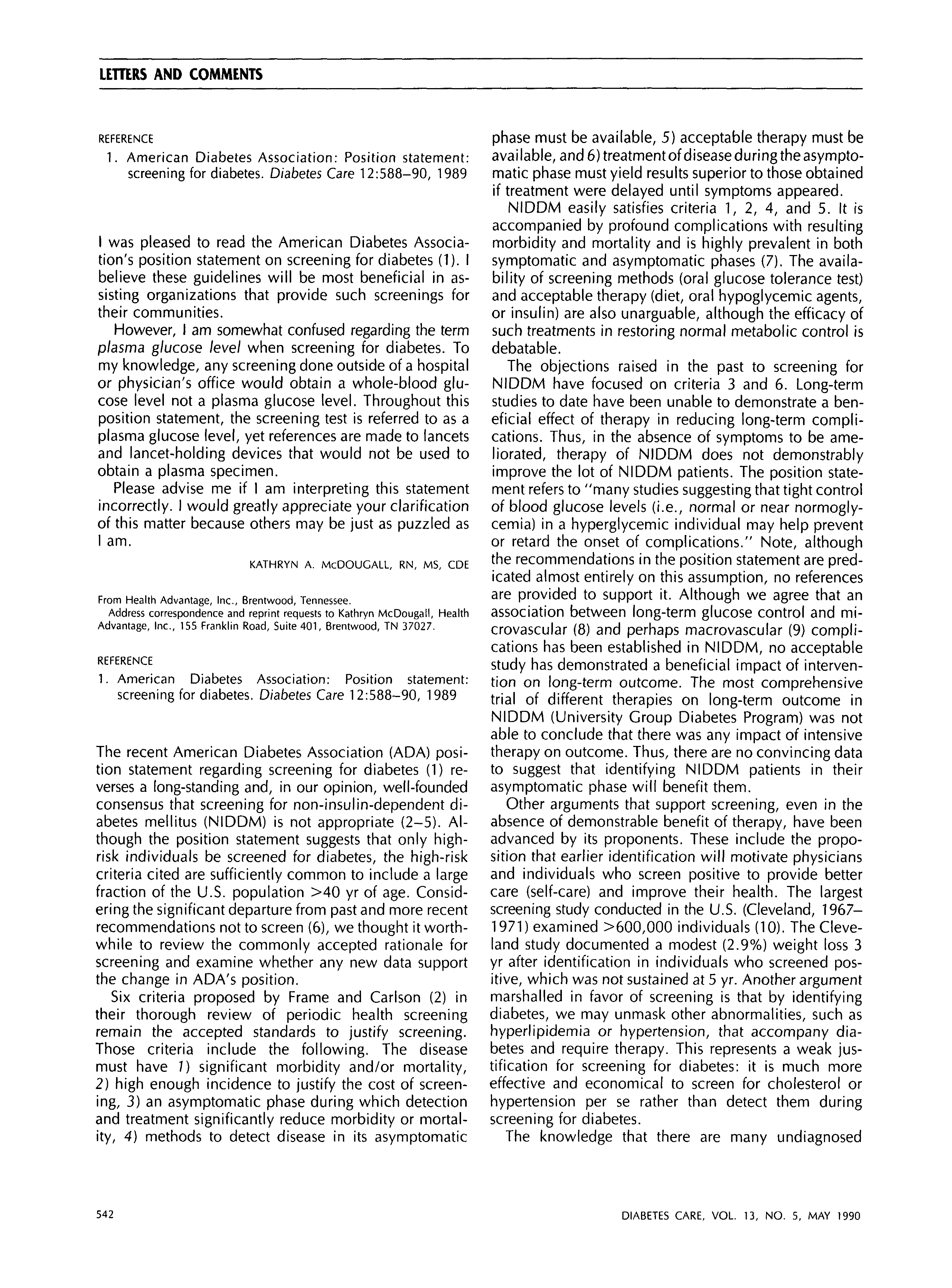First page of Screening for Diabetes