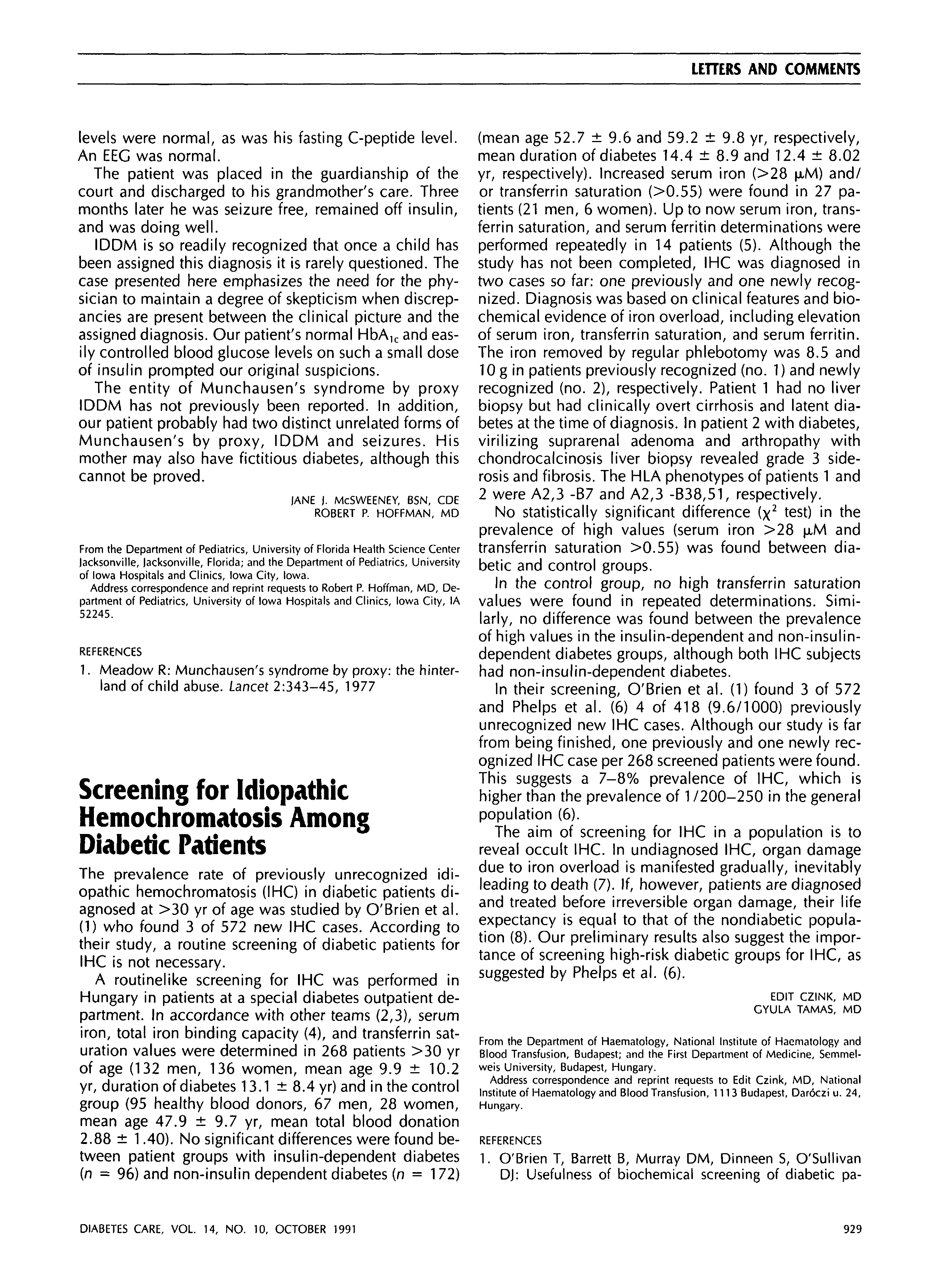 First page of Screening for Idiopathic Hemochromatosis Among Diabetic Patients
