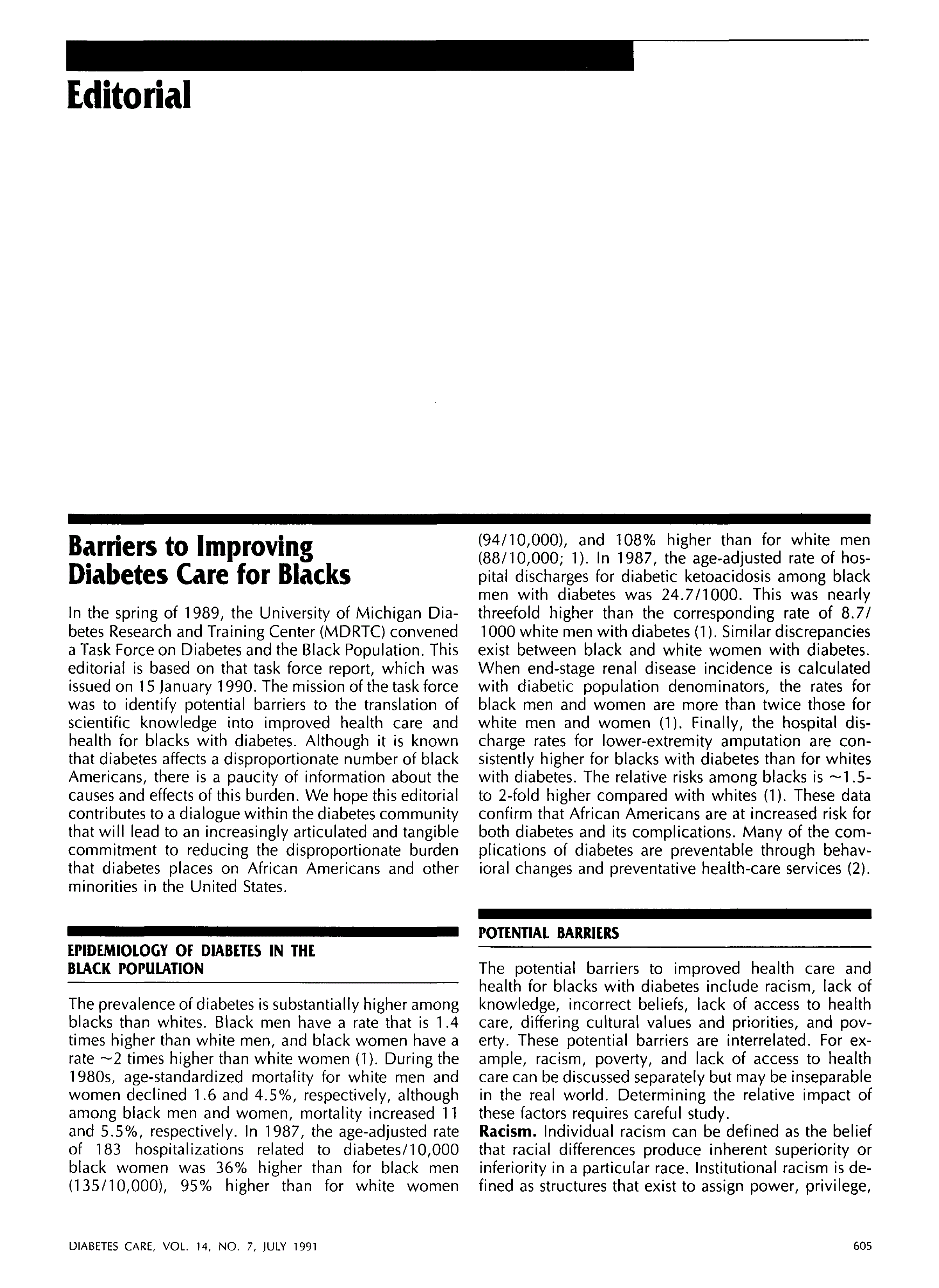 First page of Barriers to Improving Diabetes Care for Blacks