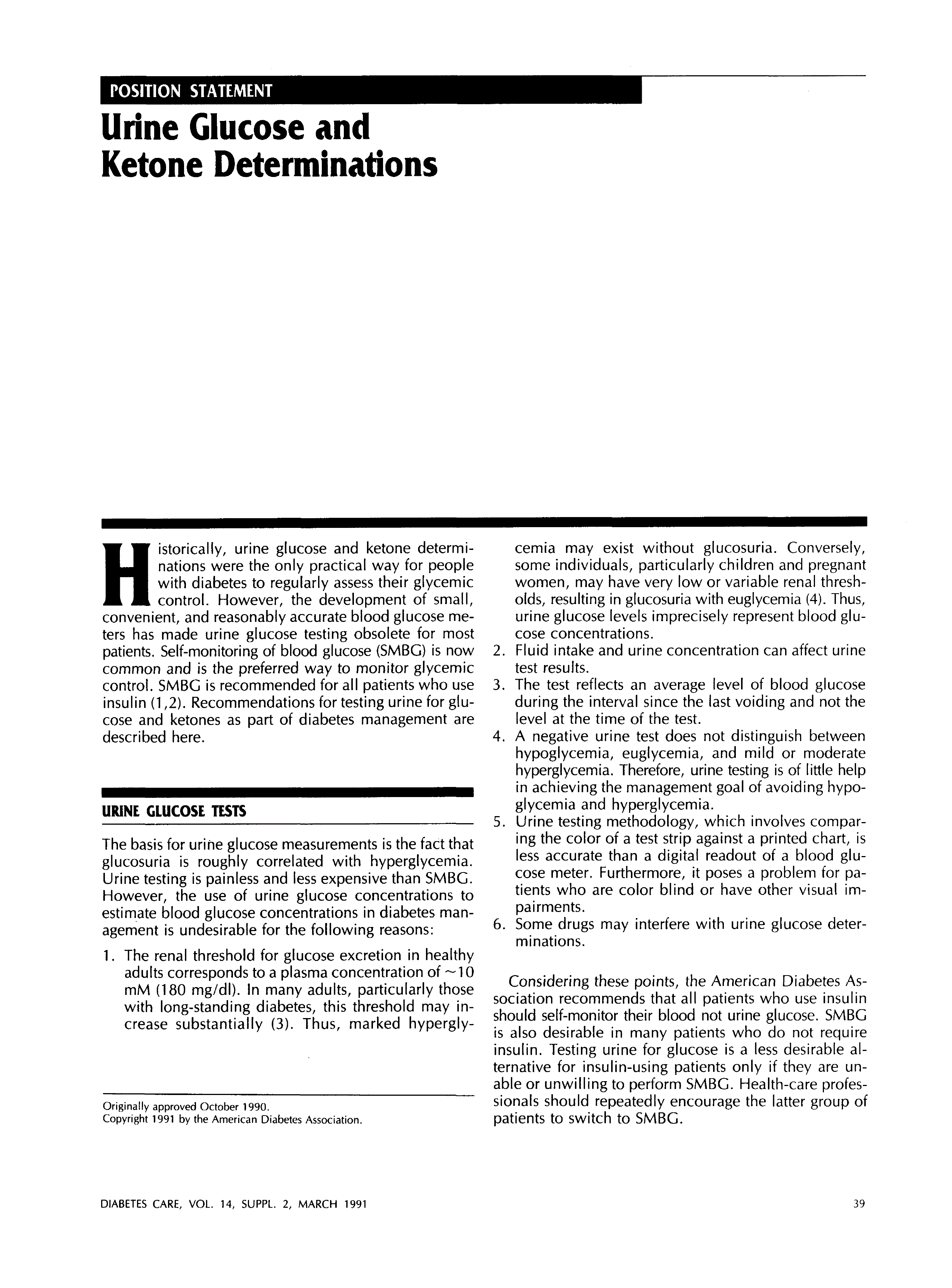 First page of Urine Glucose and Ketone Determinations