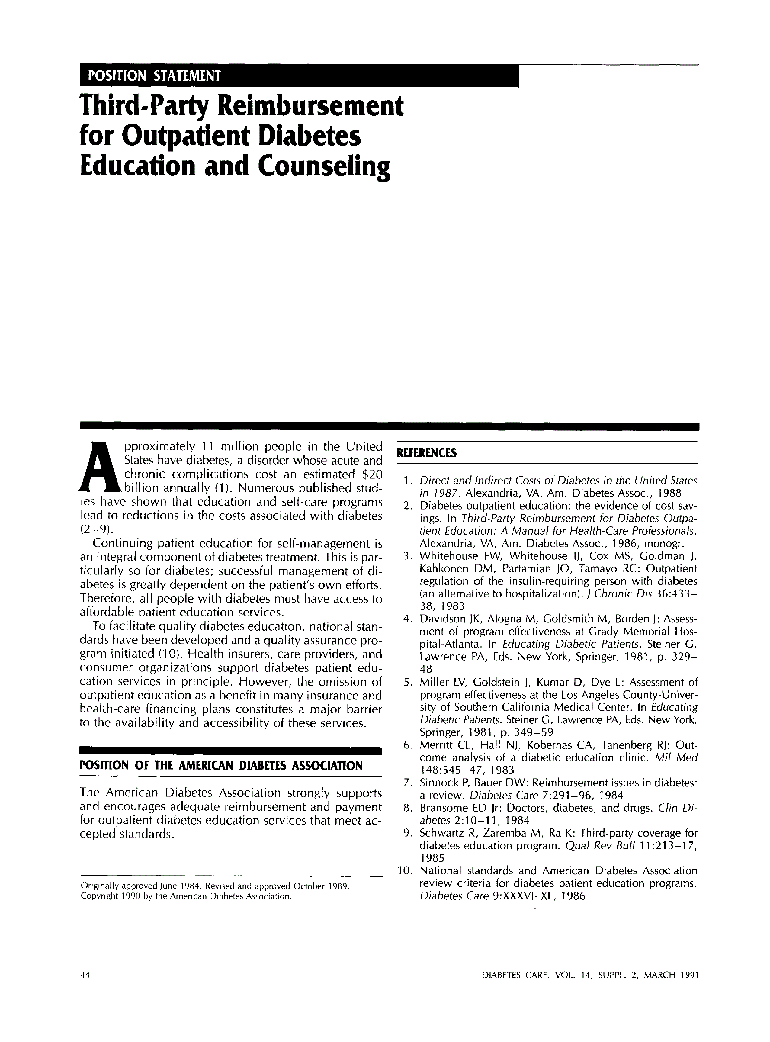 First page of Third-Party Reimbursement for Outpatient Diabetes Education and Counseling
