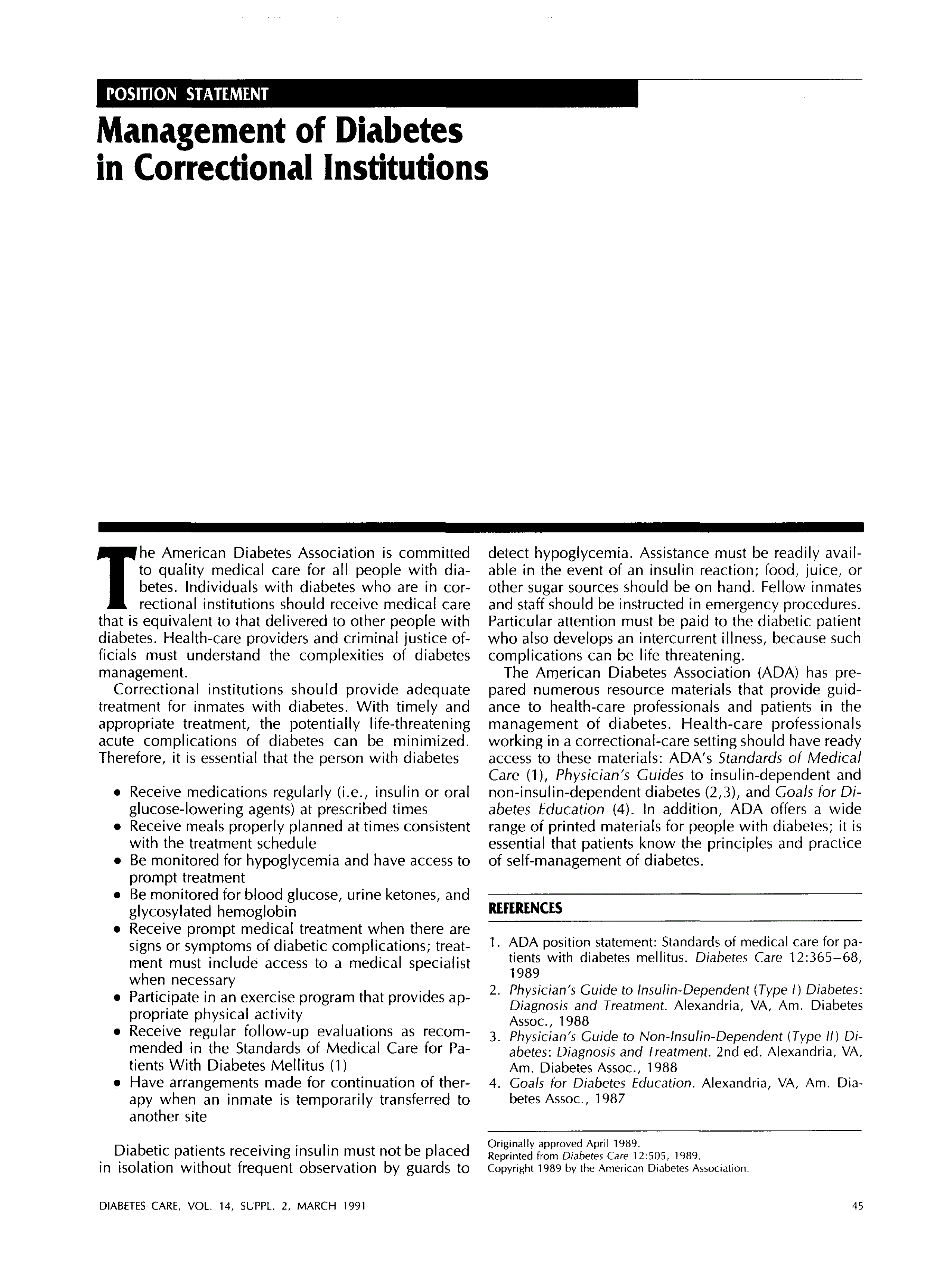 First page of Management of Diabetes in Correctional Institutions