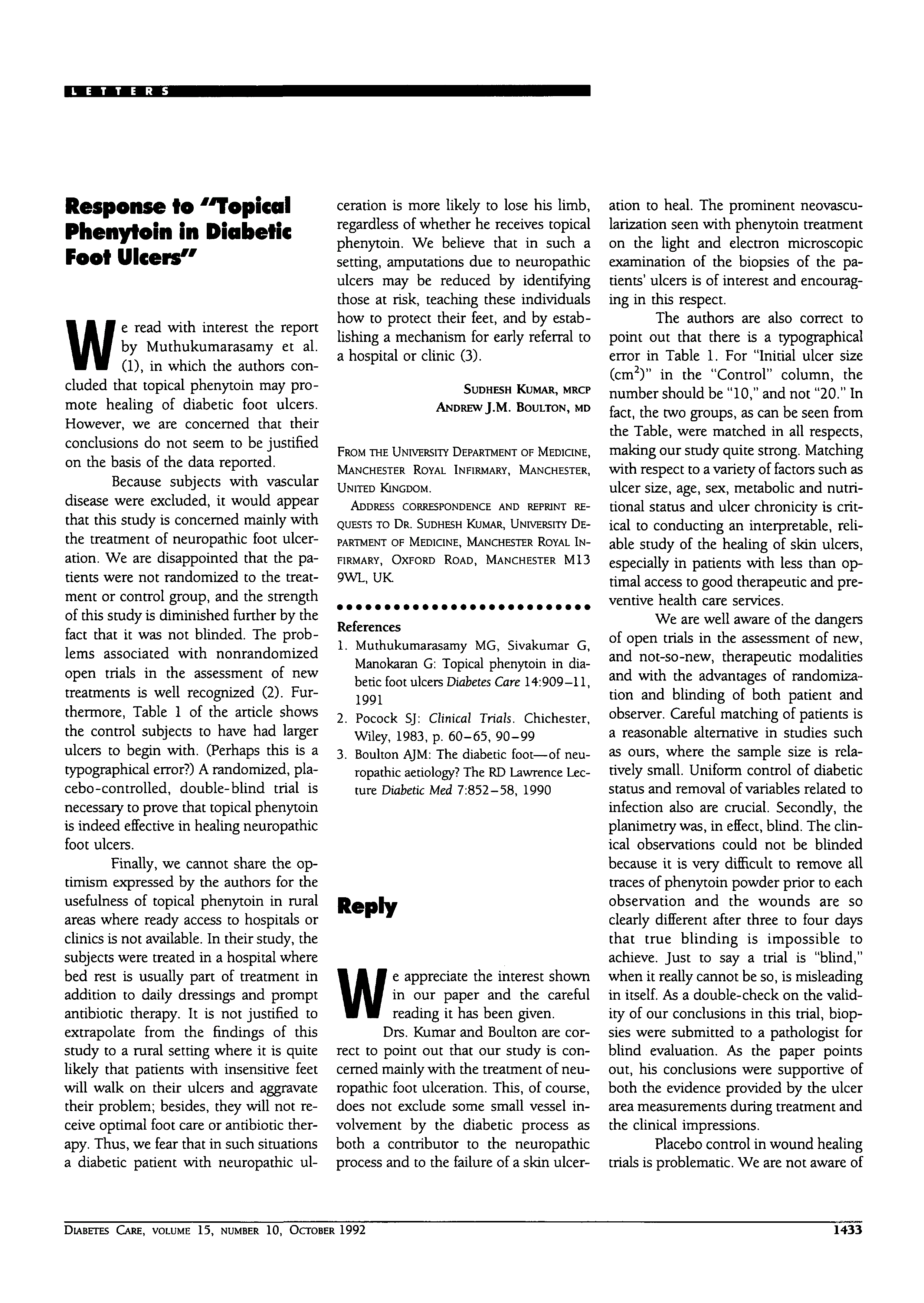 First page of Response to “Topical Phenytoin in Diabetic Foot Ulcers”