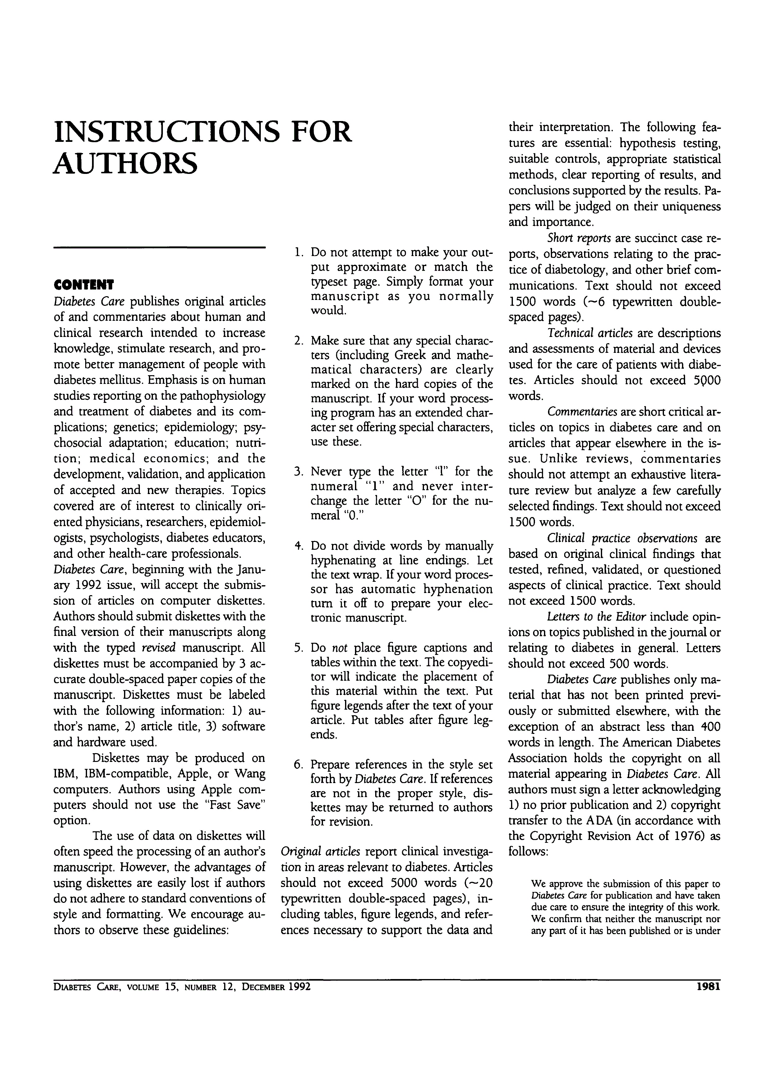 Instructions for Authors Diabetes Care American Diabetes Association