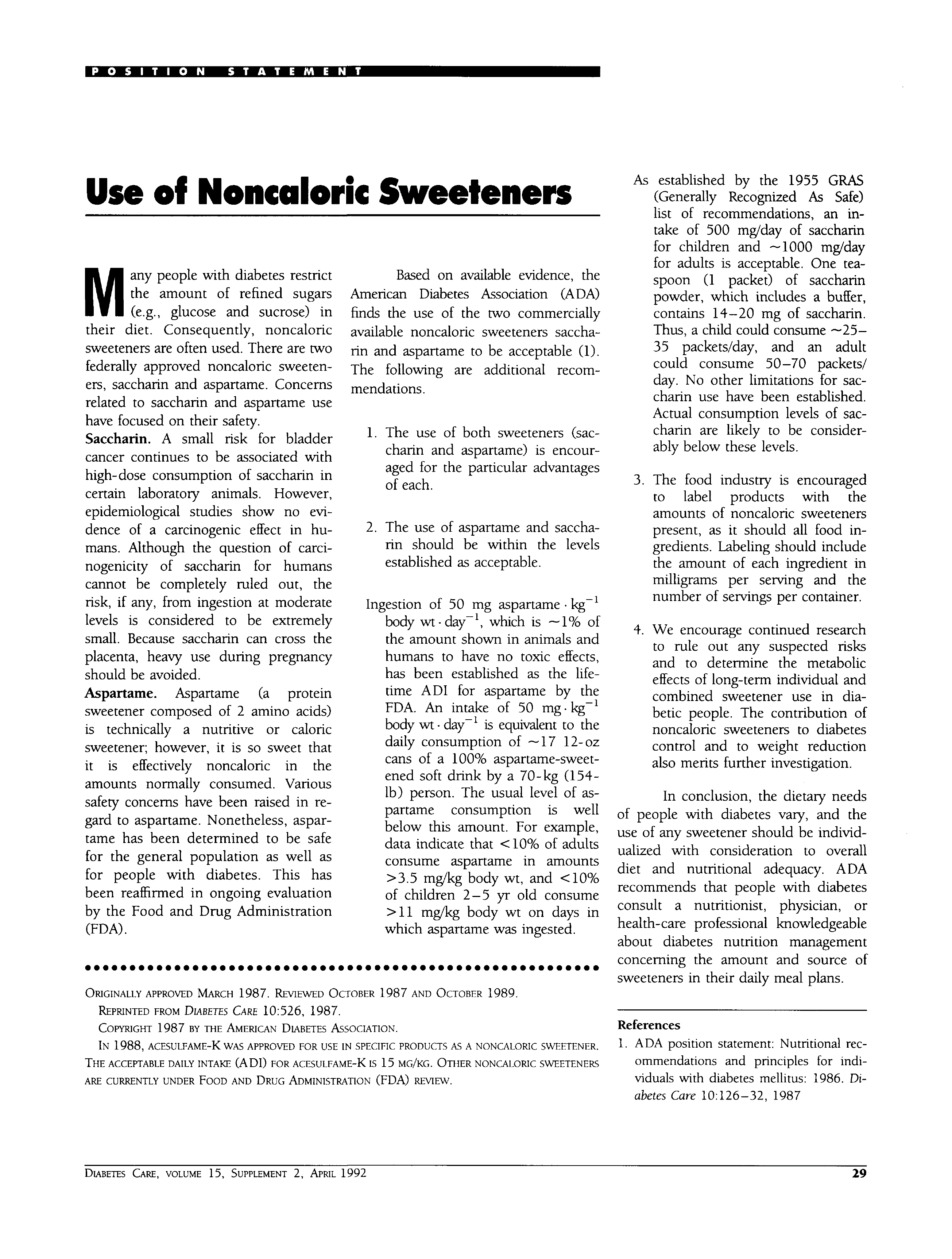 First page of Use of Noncaloric Sweeteners