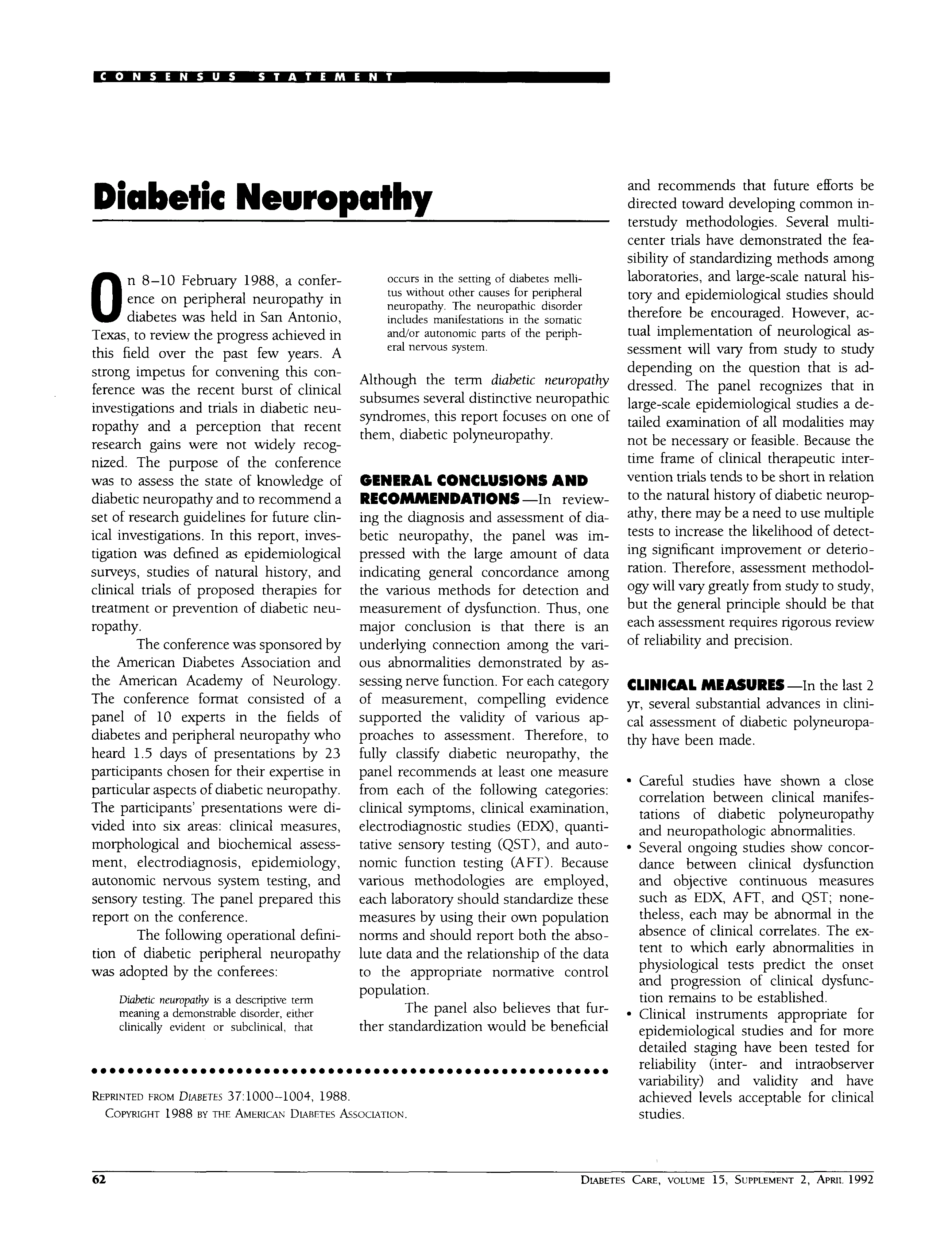 Diabetic Neuropathy Diabetes Care American Diabetes Association