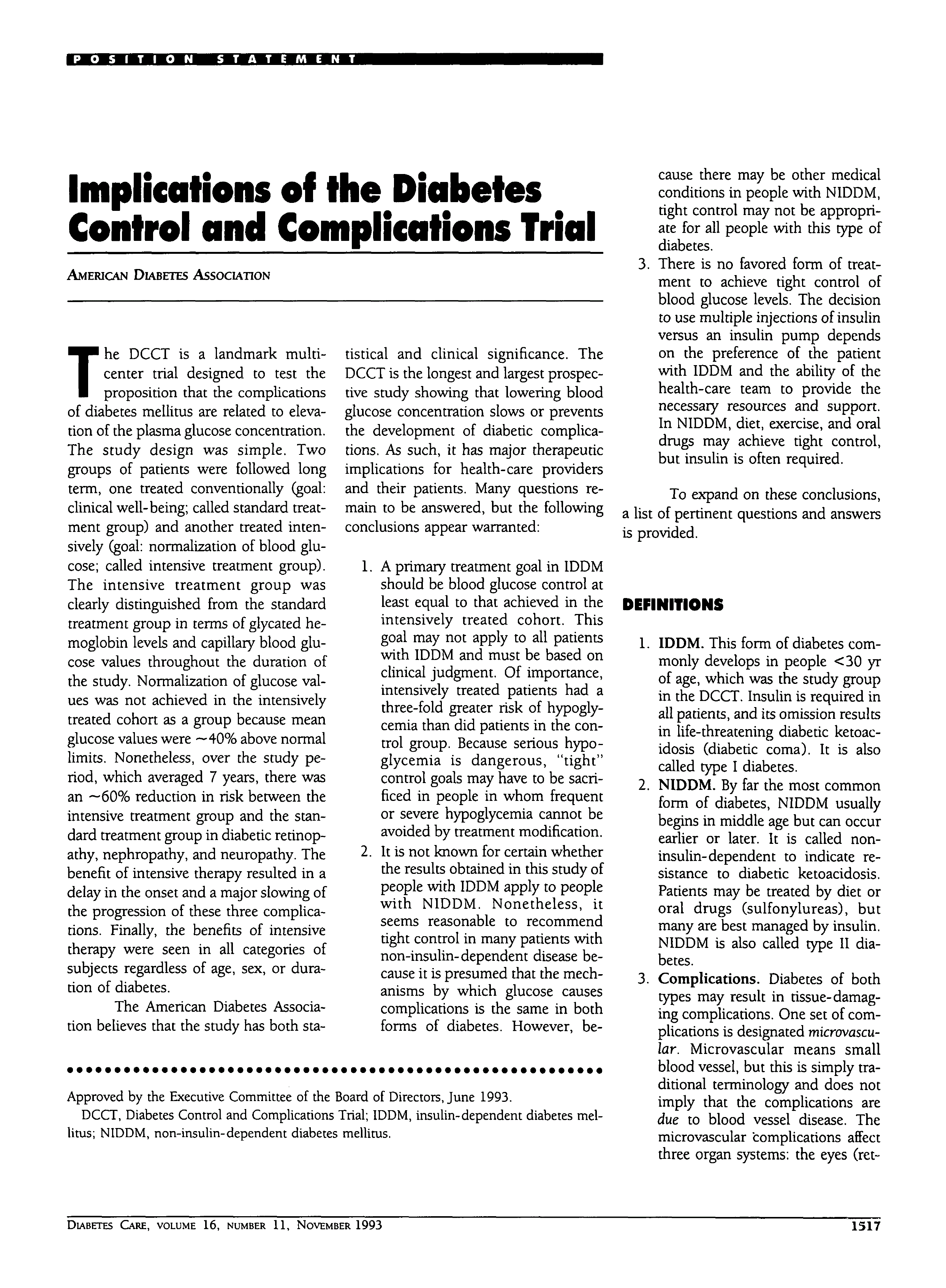 First page of Implications of the Diabetes Control and Complications Trial