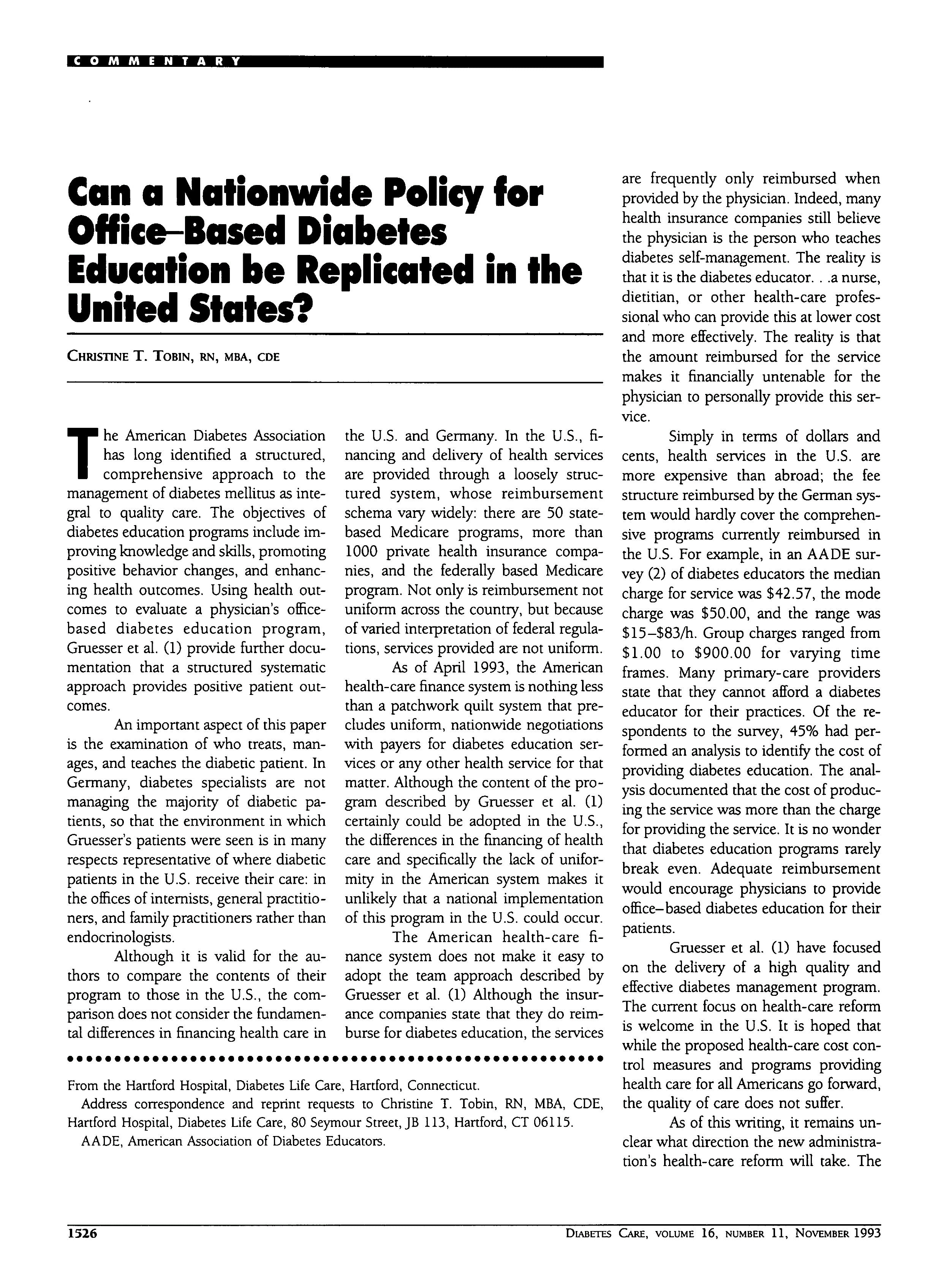 First page of Can a Nationwide Policy for Office–Based Diabetes Education be Replicated in the United States?