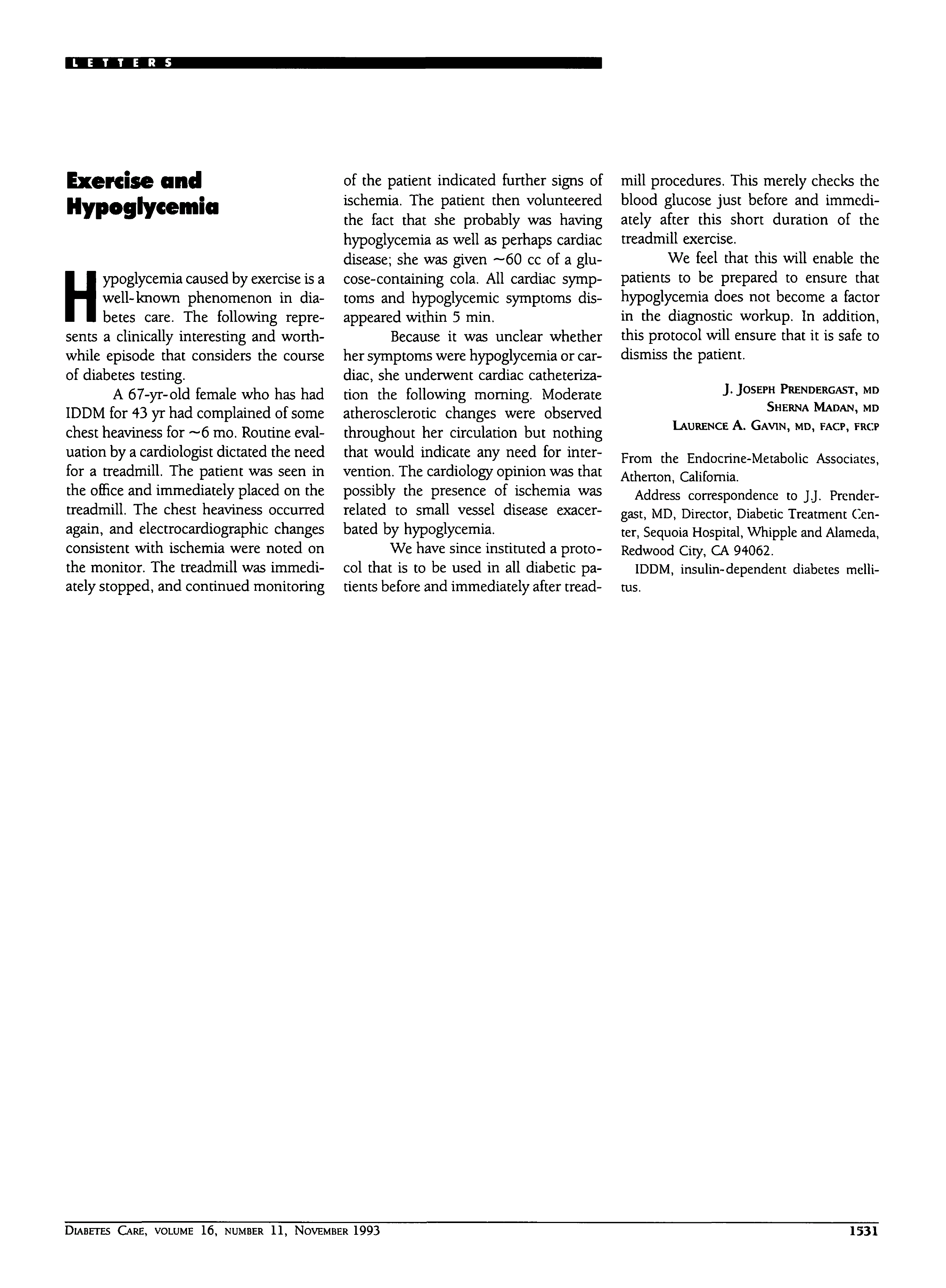 First page of Exercise and Hypoglycemia