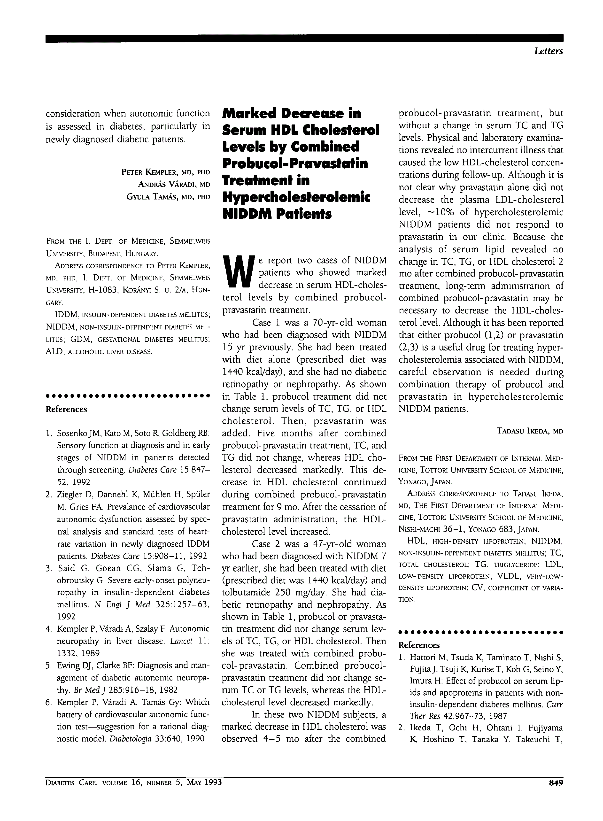 First page of Marked Decrease in Serum HDL Cholesterol Levels by Combined Probucol-Pravastatin Treatment in Hypercholesterolemic NIDDM Patients