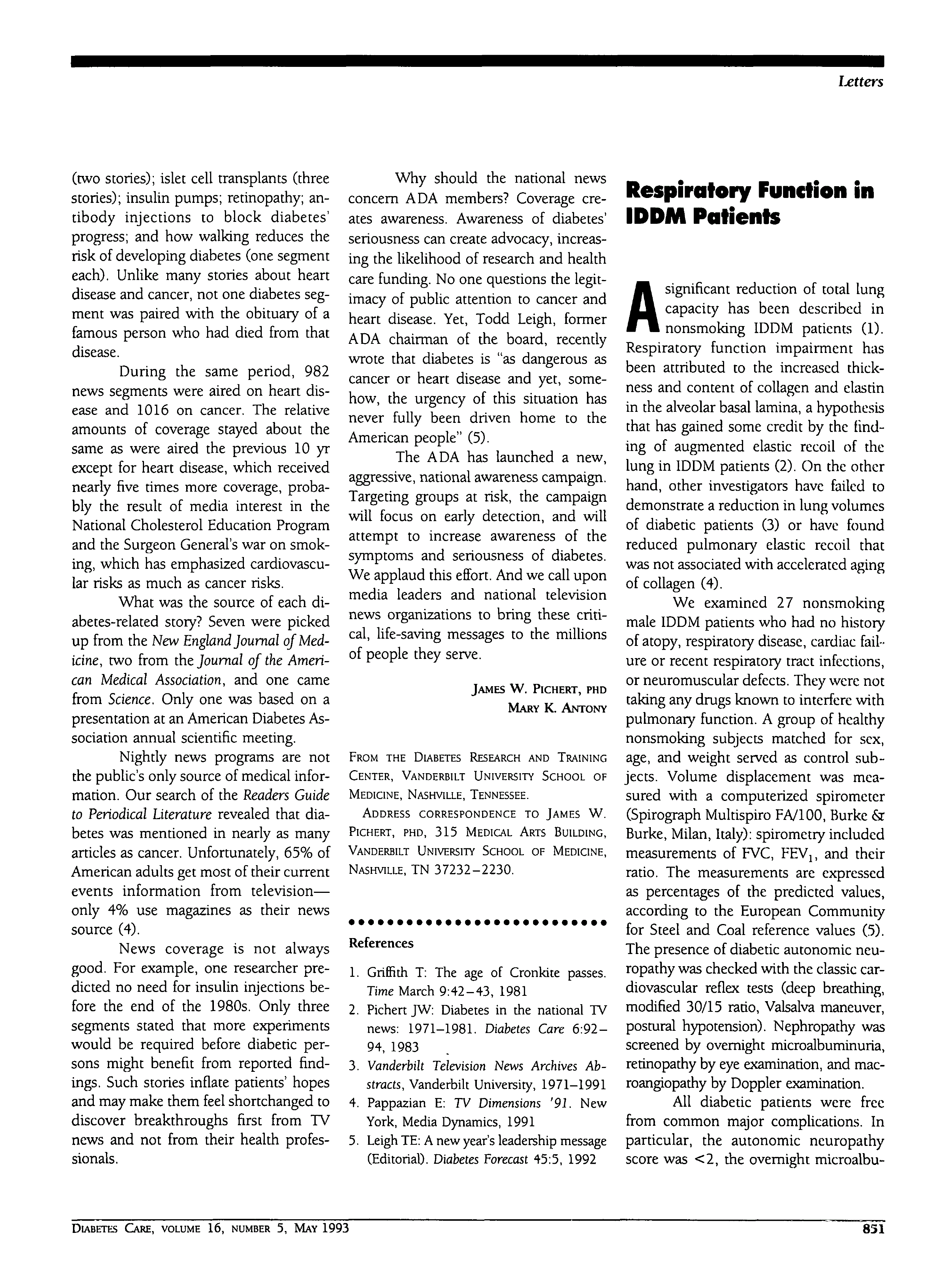 First page of Respiratory Function in IDDM Patients