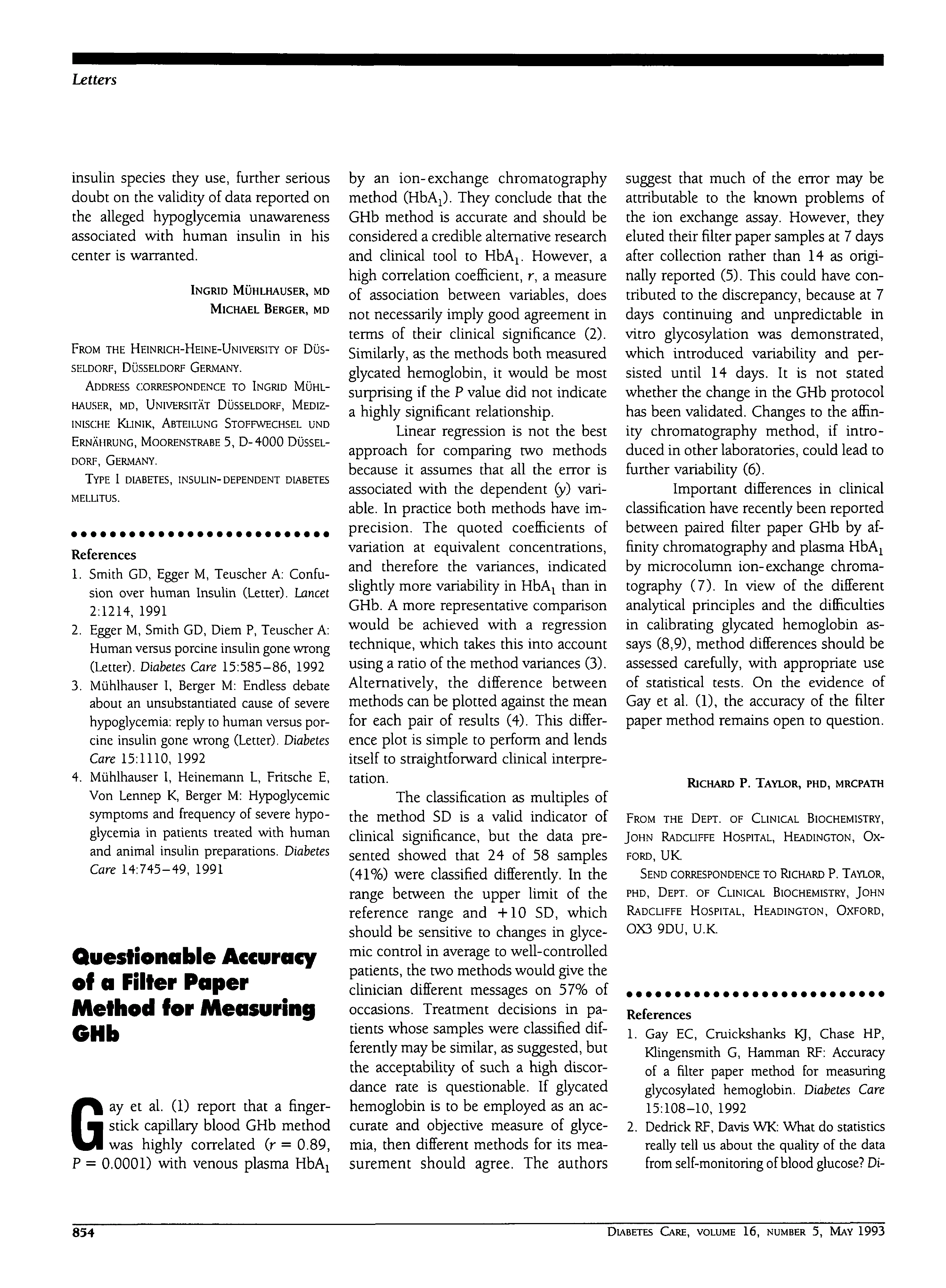 First page of Questionable Accuracy of a Filter Paper Method for Measuring GHb