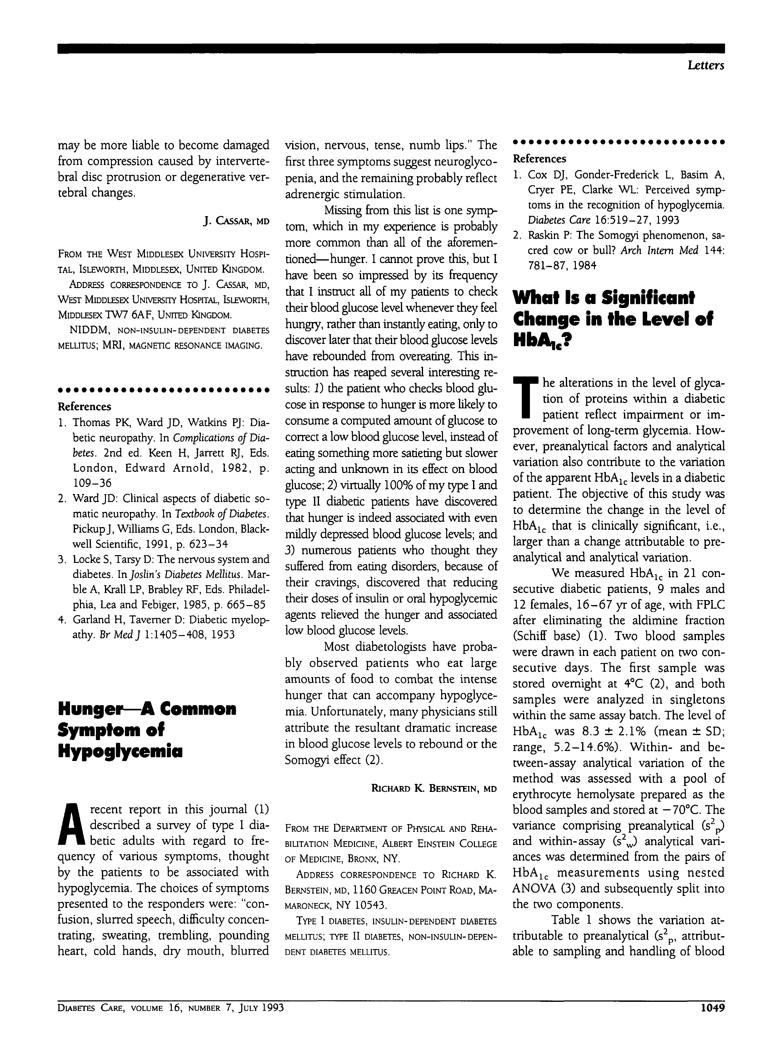 First page of Hunger—A Common Symptom of Hypoglycemia
