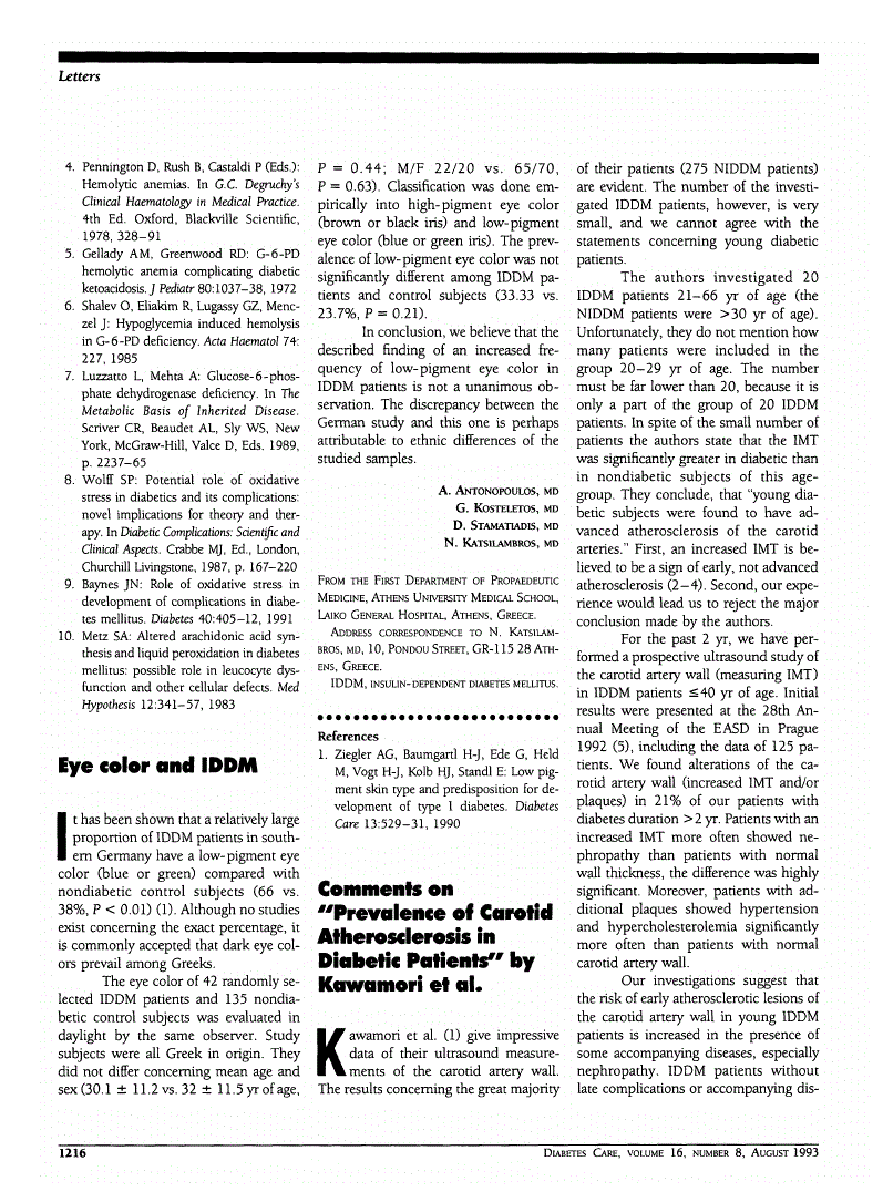 First page of Comments on “Prevalence of Carotid Atherosclerosis in Diabetic Patients” by Kawamori et al