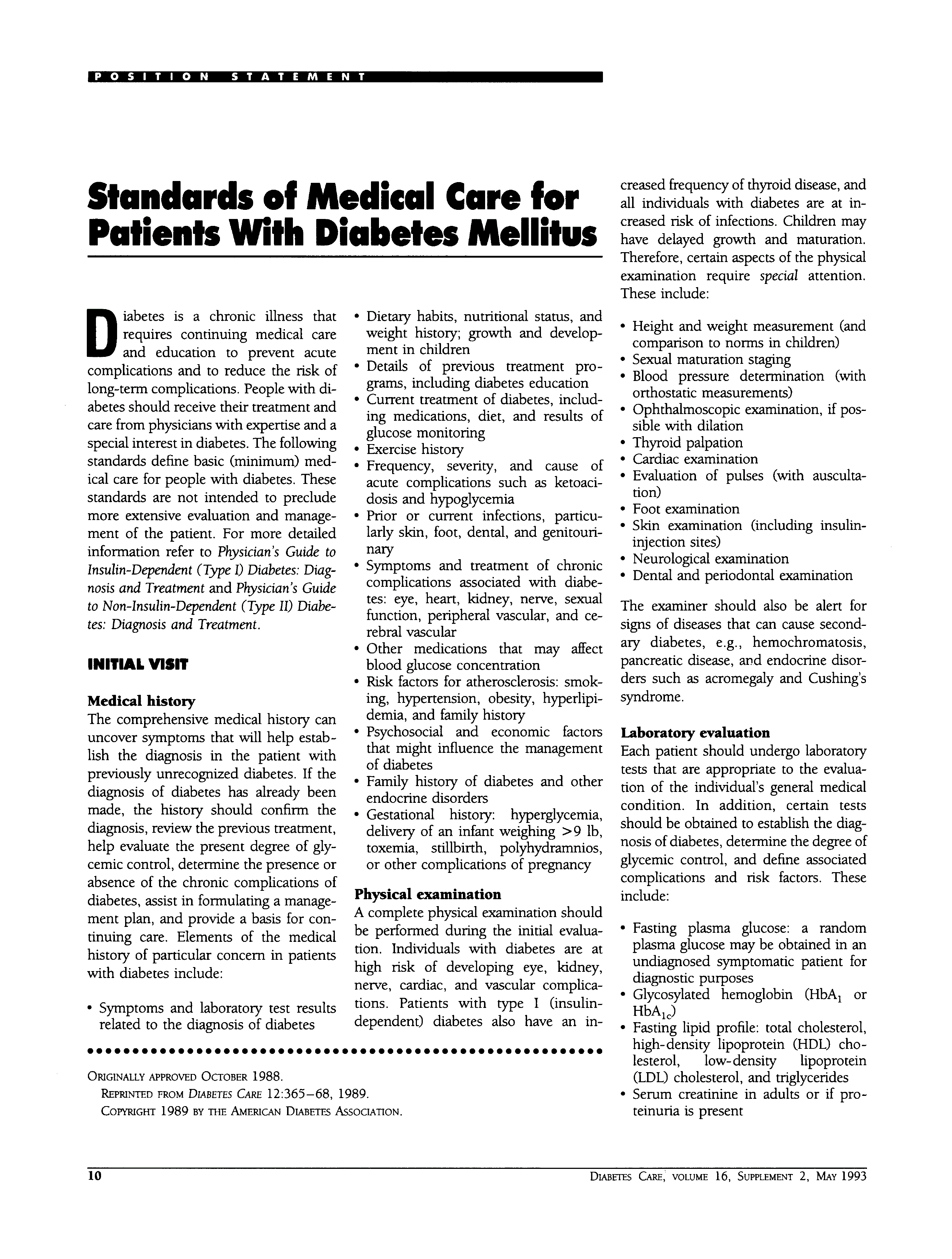 First page of Standards of Medical Care for Patients With Diabetes Mellitus