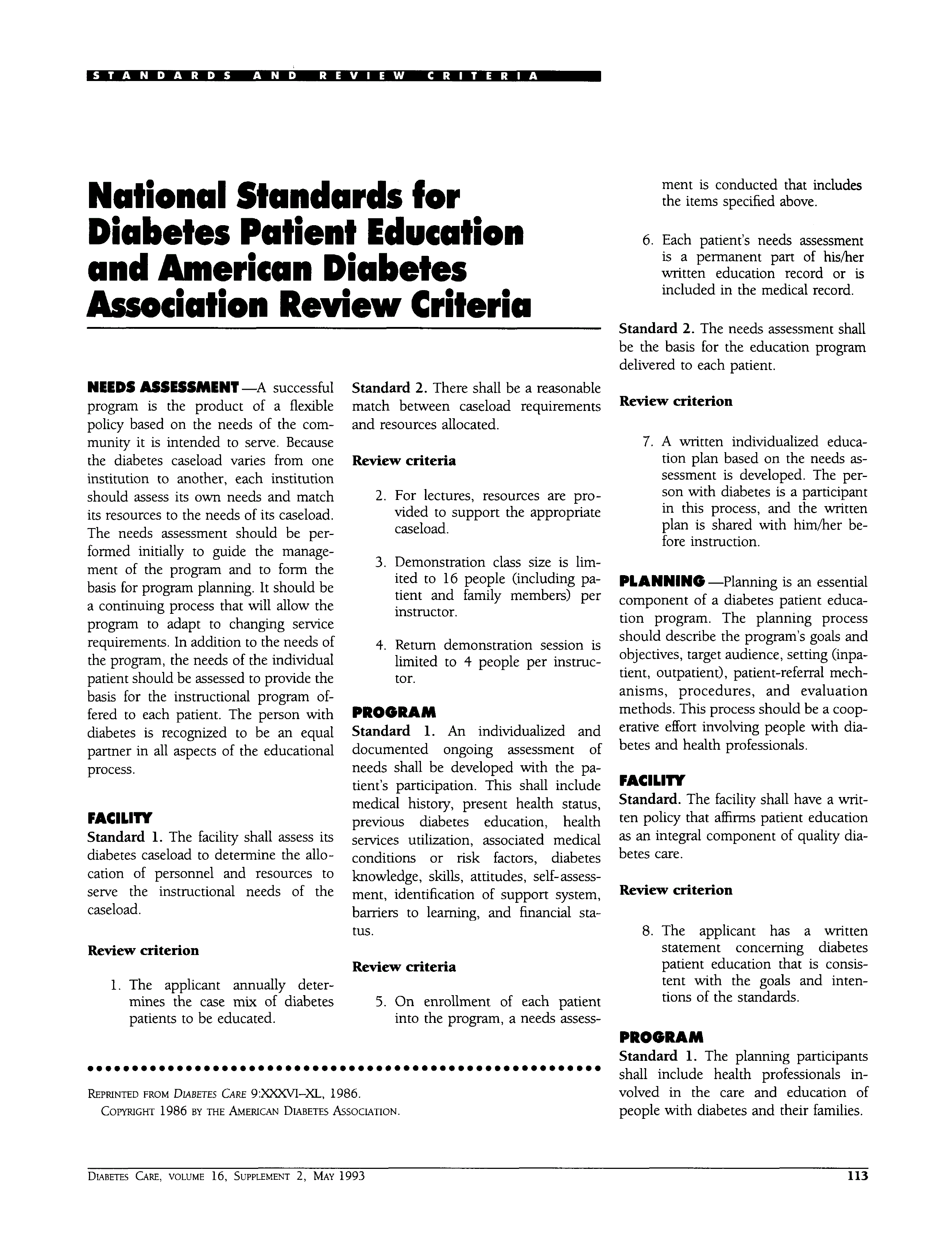 First page of National Standards for Diabetes Patient Education and American Diabetes Association Review Criteria