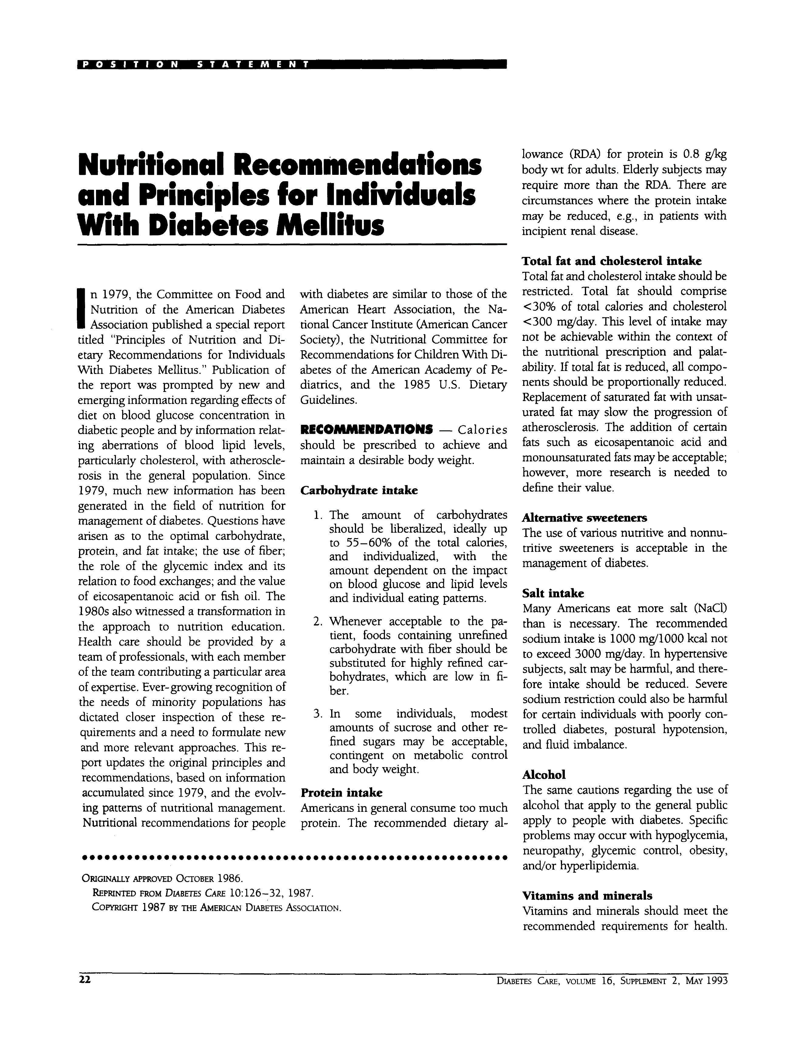 First page of Nutritional Recommendations and Principles for Individuals With Diabetes Mellitus
