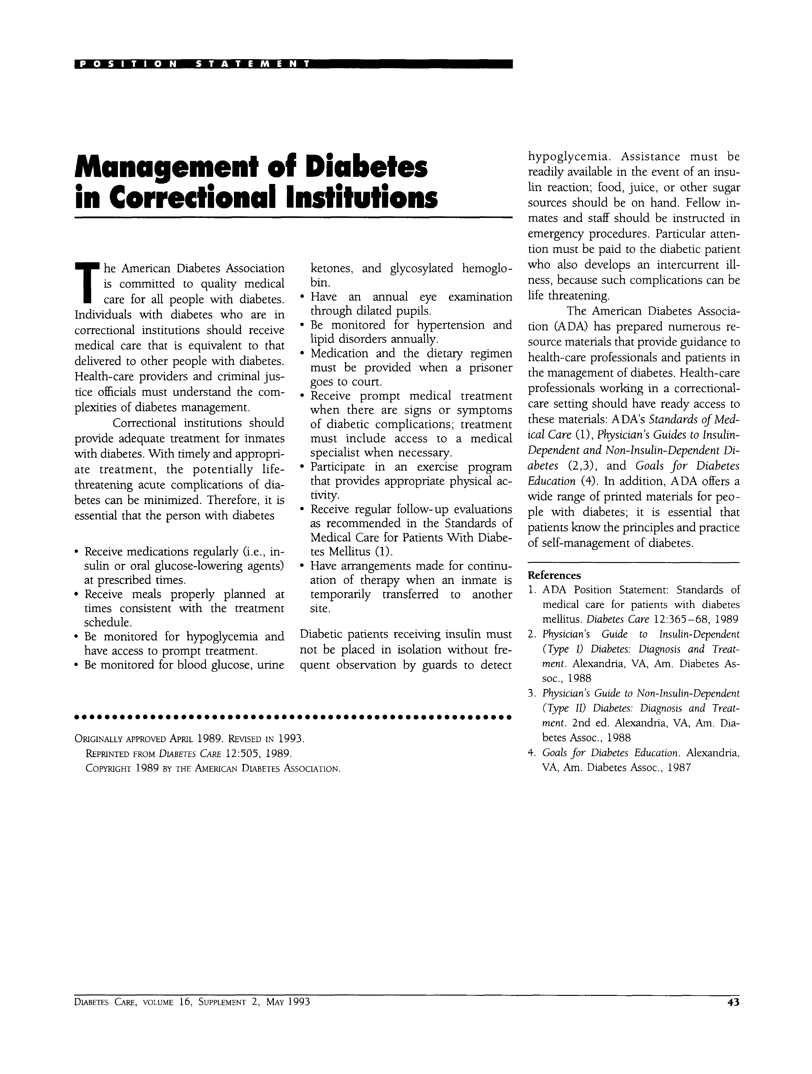 First page of Management of Diabetes in Correctional Institutions