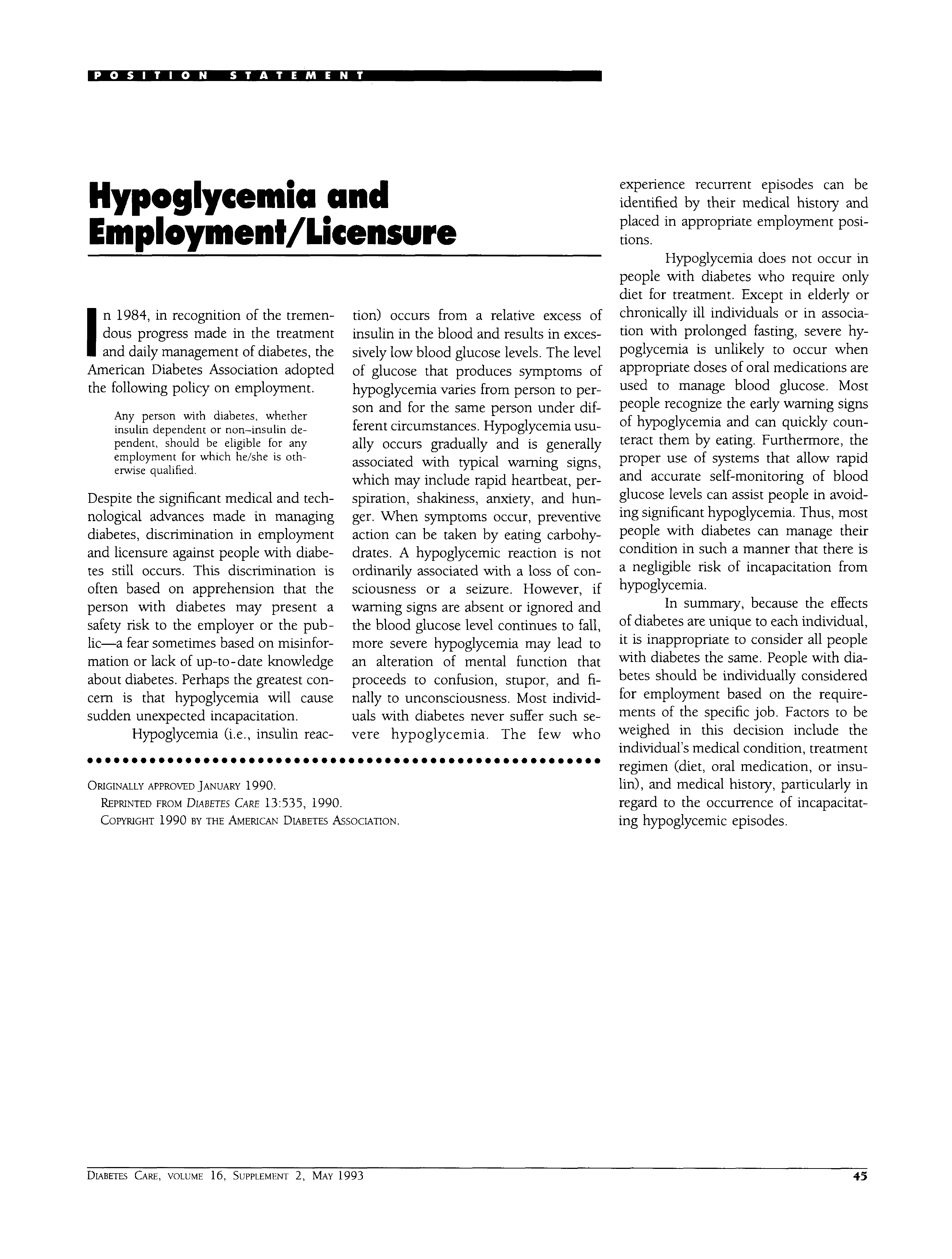 First page of Hypoglycemia and Employment/Licensure