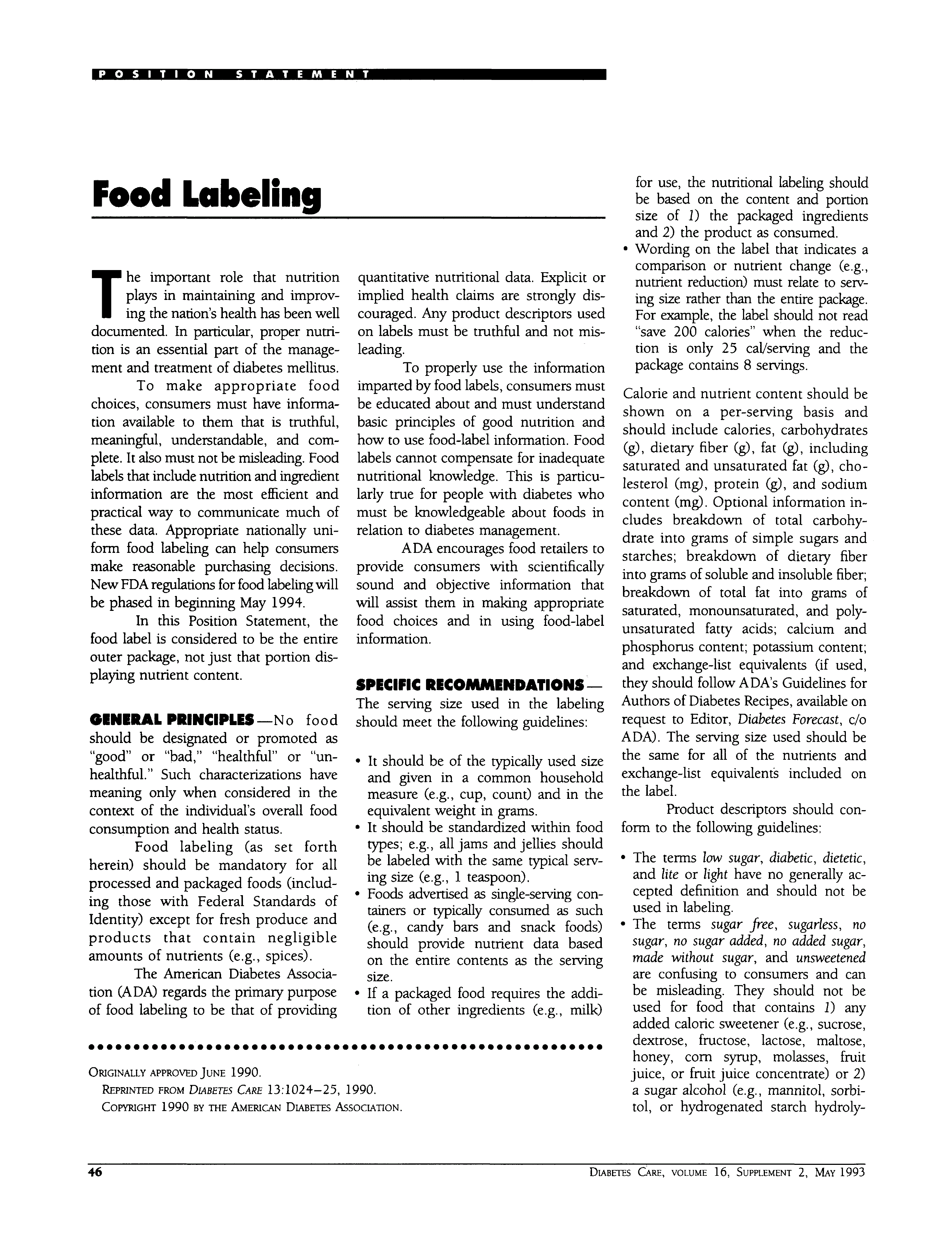 First page of Food Labeling