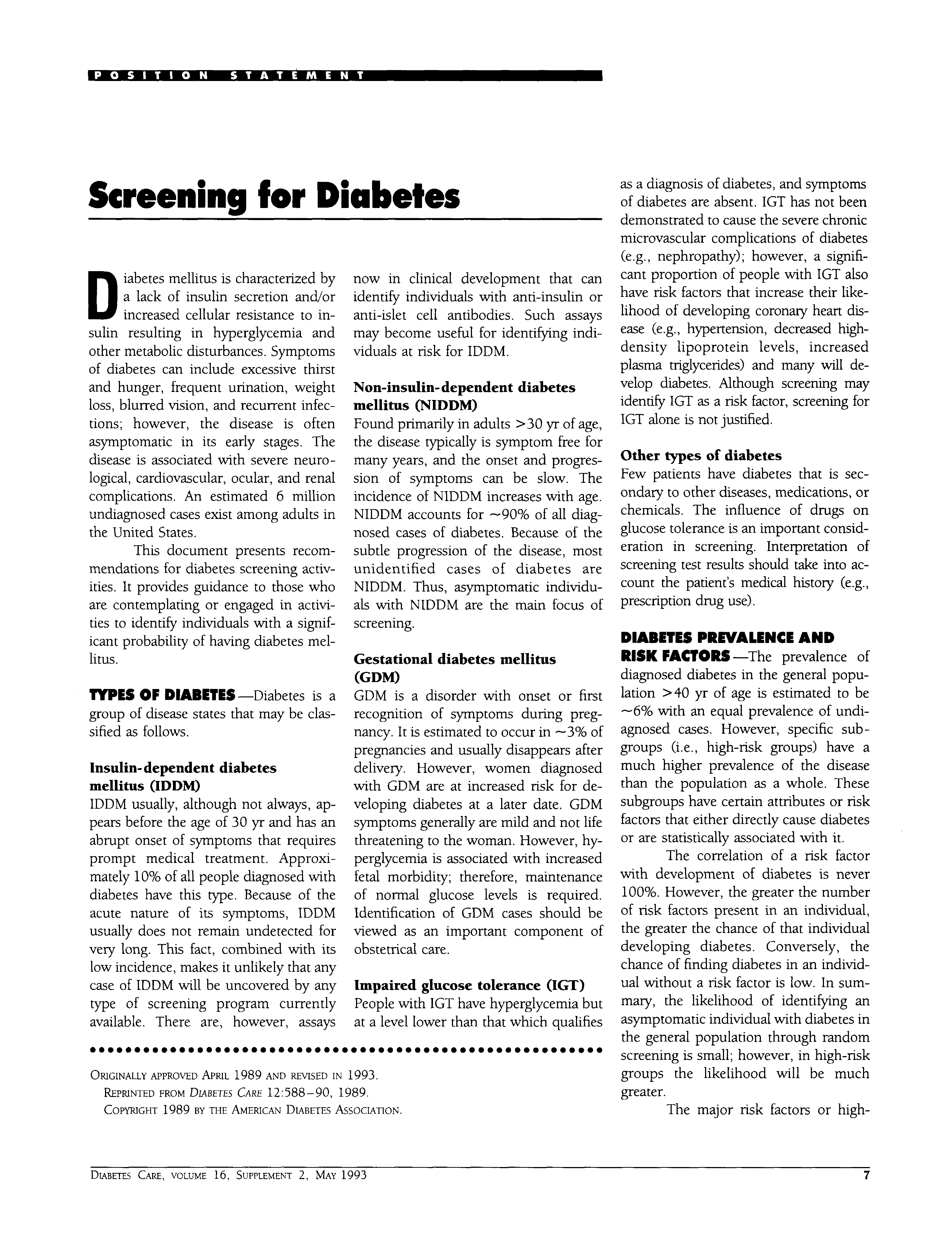 First page of Screening for Diabetes