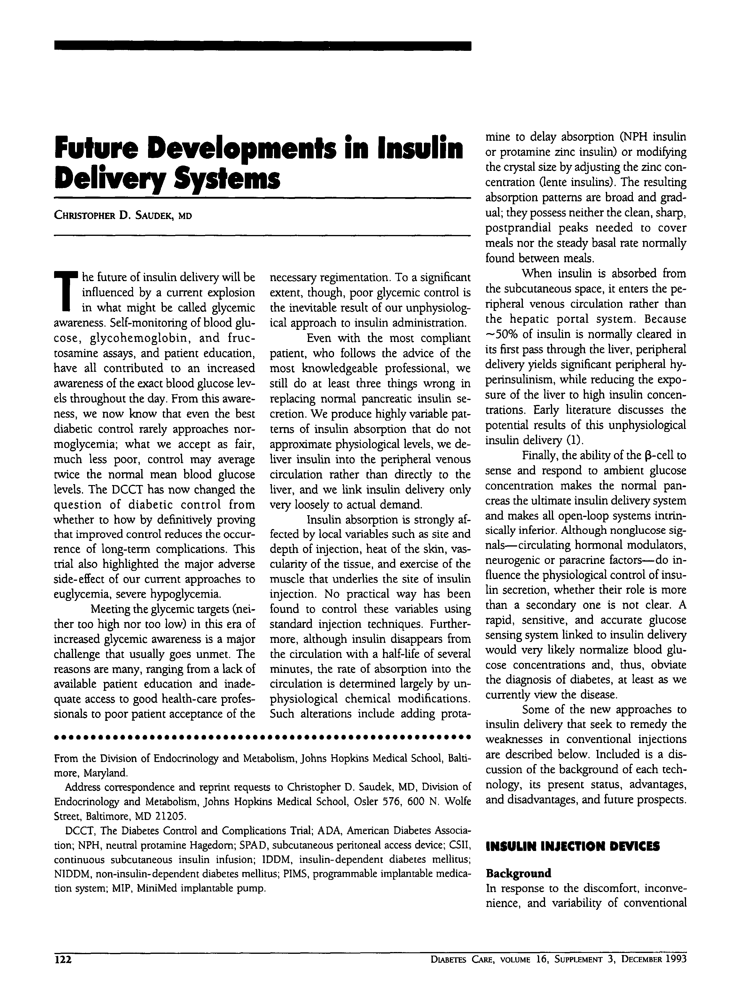 First page of Future Developments in Insulin Delivery Systems