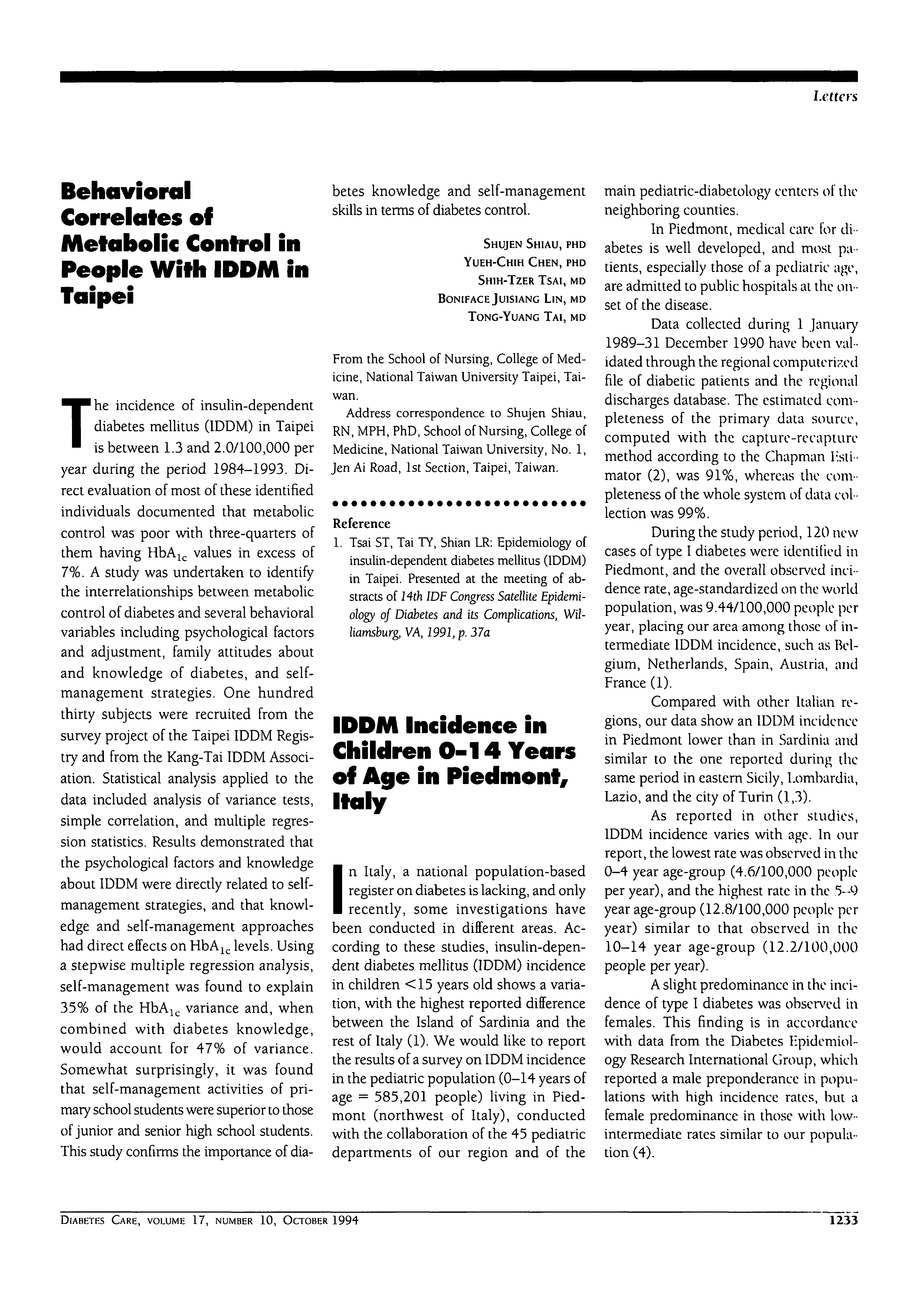 First page of IDDM Incidence in Children 0–14 Years off Age in Piedmont, Italy