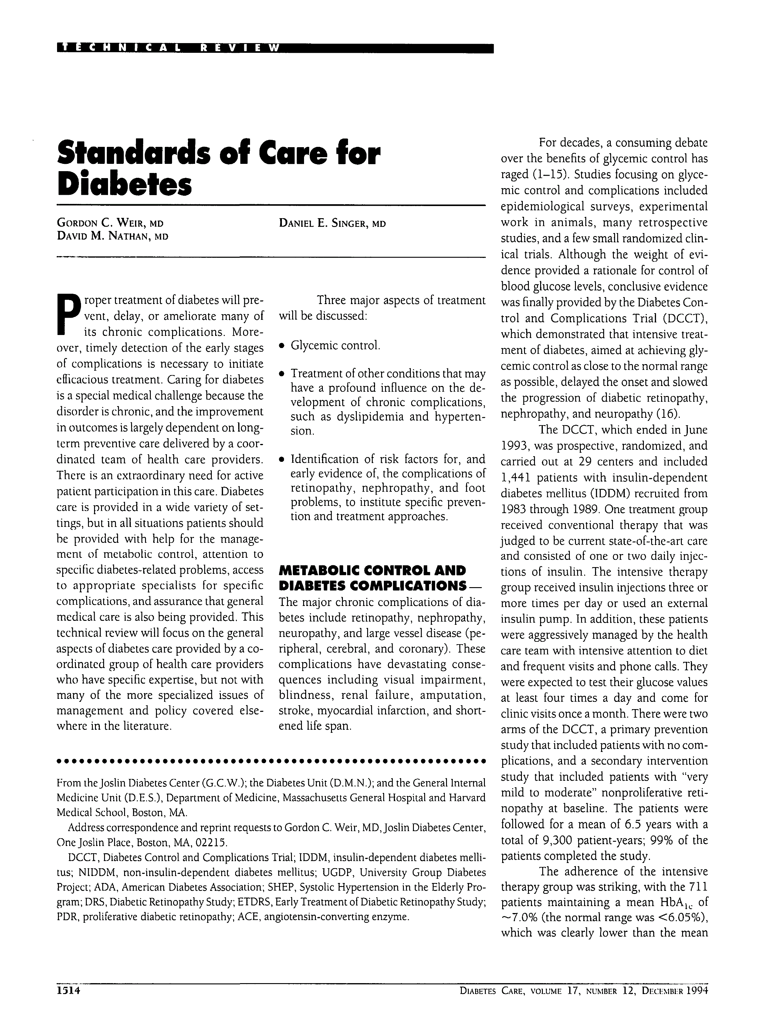 First page of Standards of Care for Diabetes